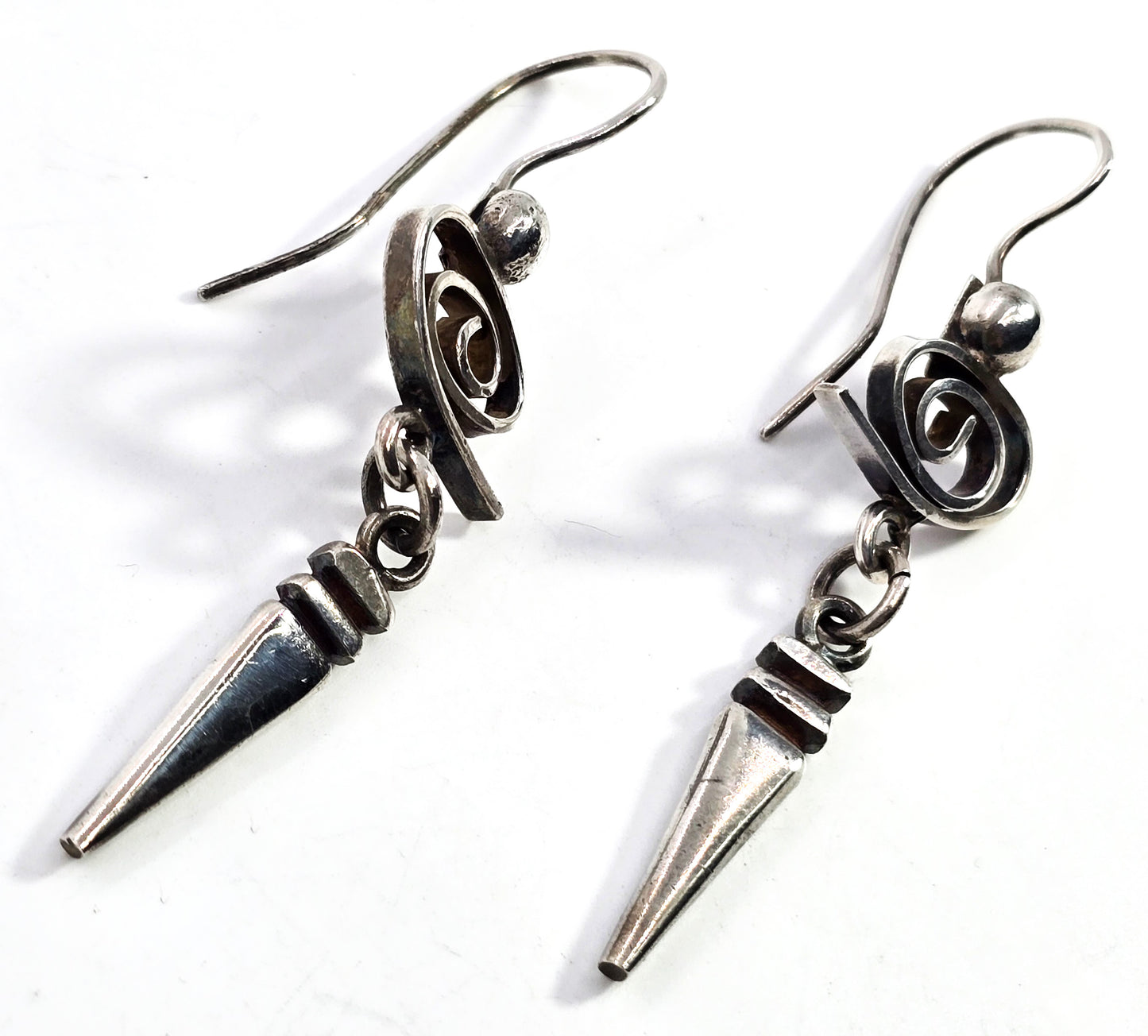 Whimsy spiral long drop 2.75 inch retro sterling silver hook vintage earrings