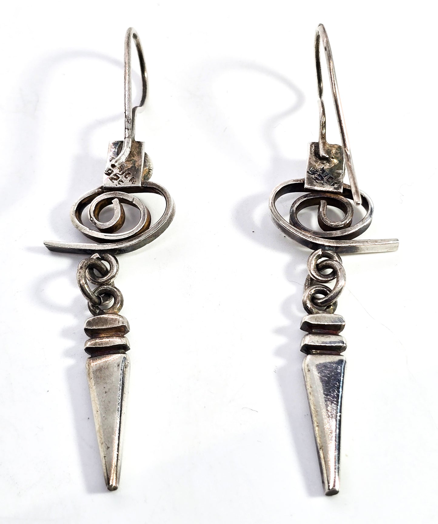 Whimsy spiral long drop 2.75 inch retro sterling silver hook vintage earrings