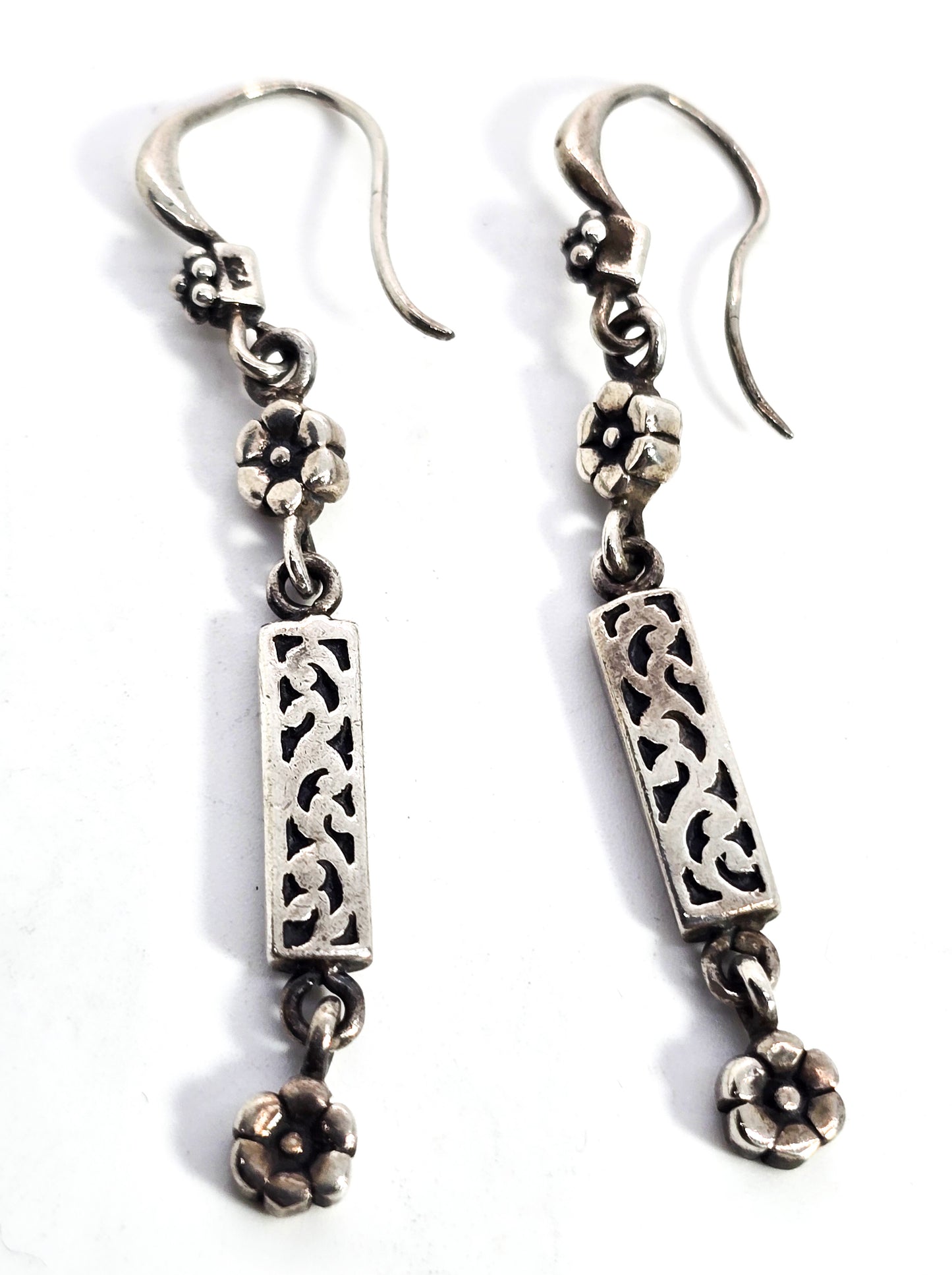 Flower and scroll drop vintage long sterling silver vintage earrings