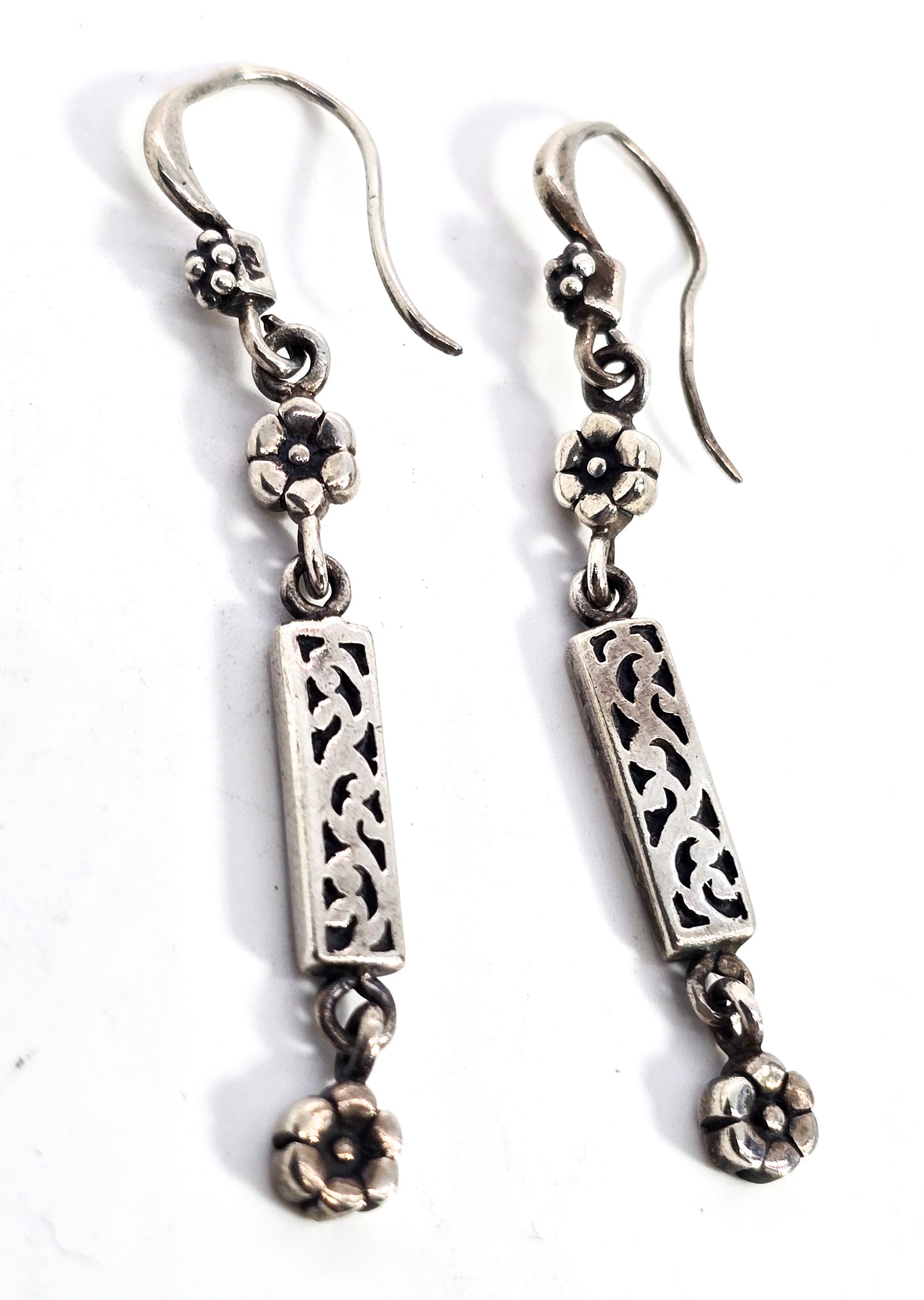 Flower and scroll drop vintage long sterling silver vintage earrings