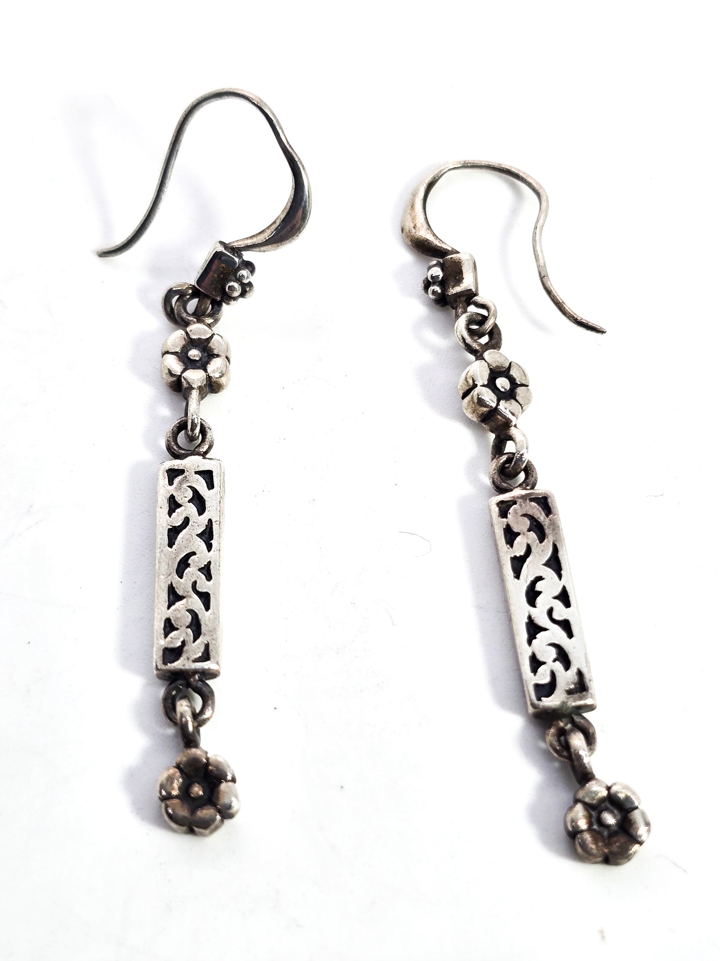 Flower and scroll drop vintage long sterling silver vintage earrings