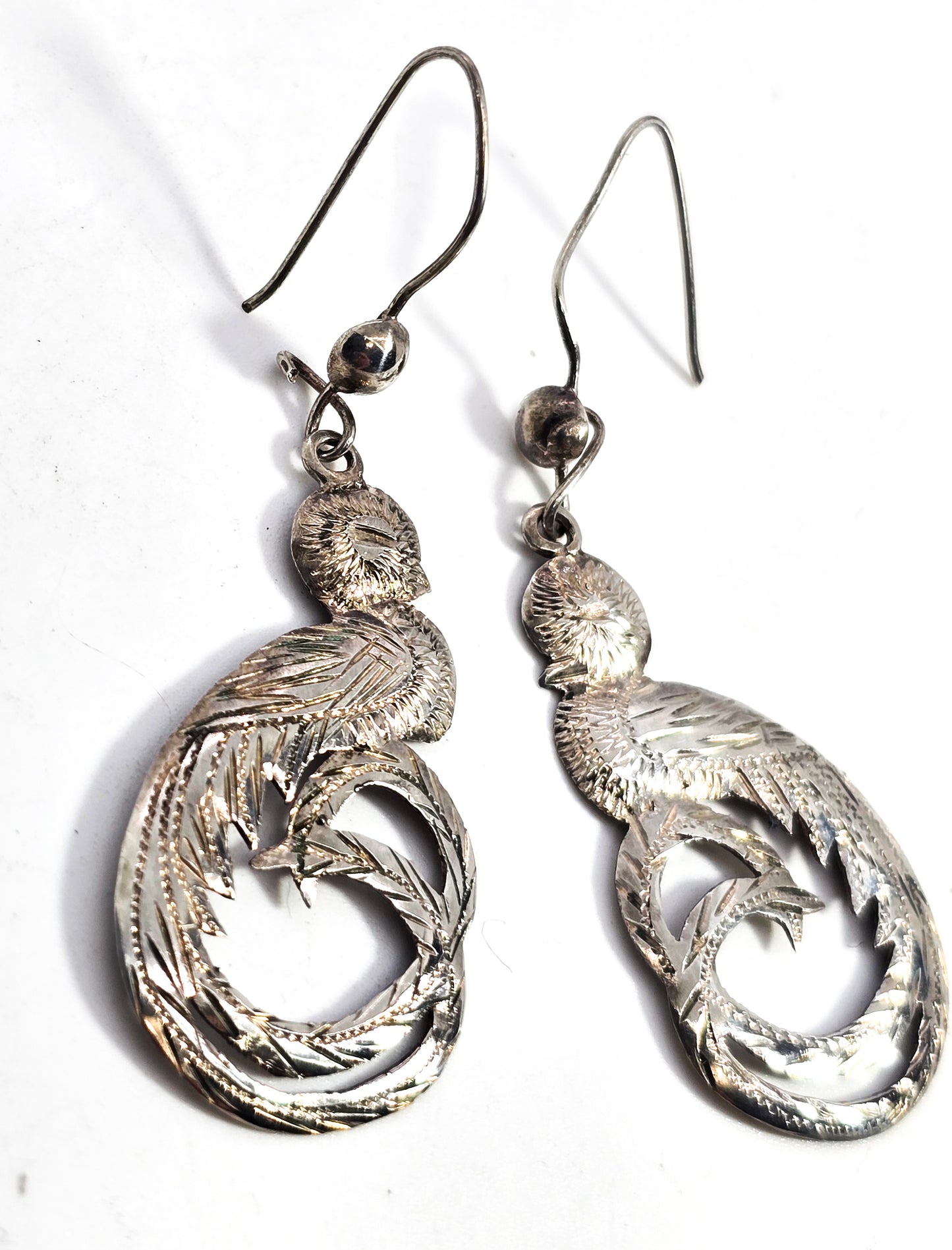 Quetzal Guatemala Bird etched vintage sterling silver 900 earrings