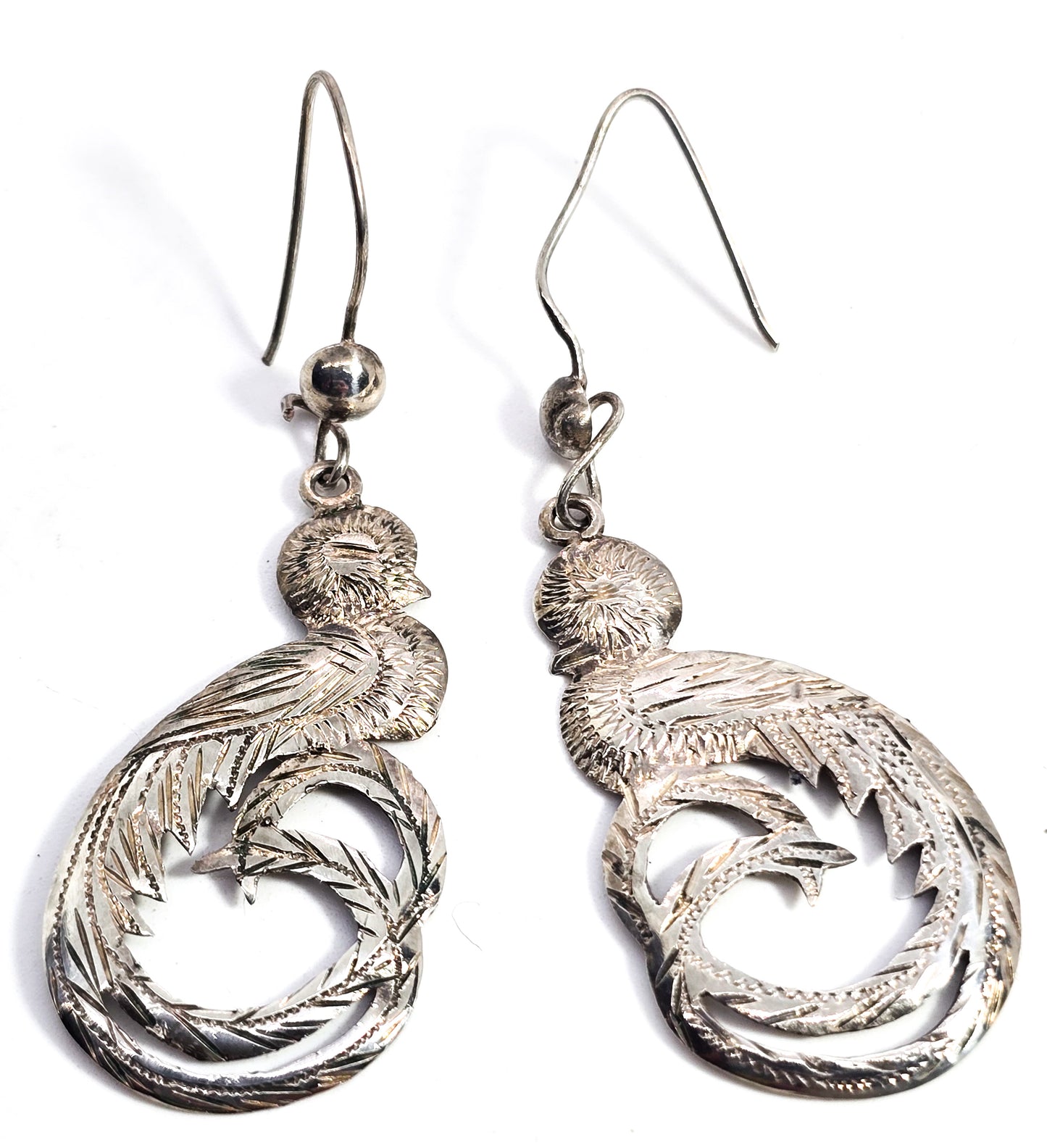 Quetzal Guatemala Bird etched vintage sterling silver 900 earrings