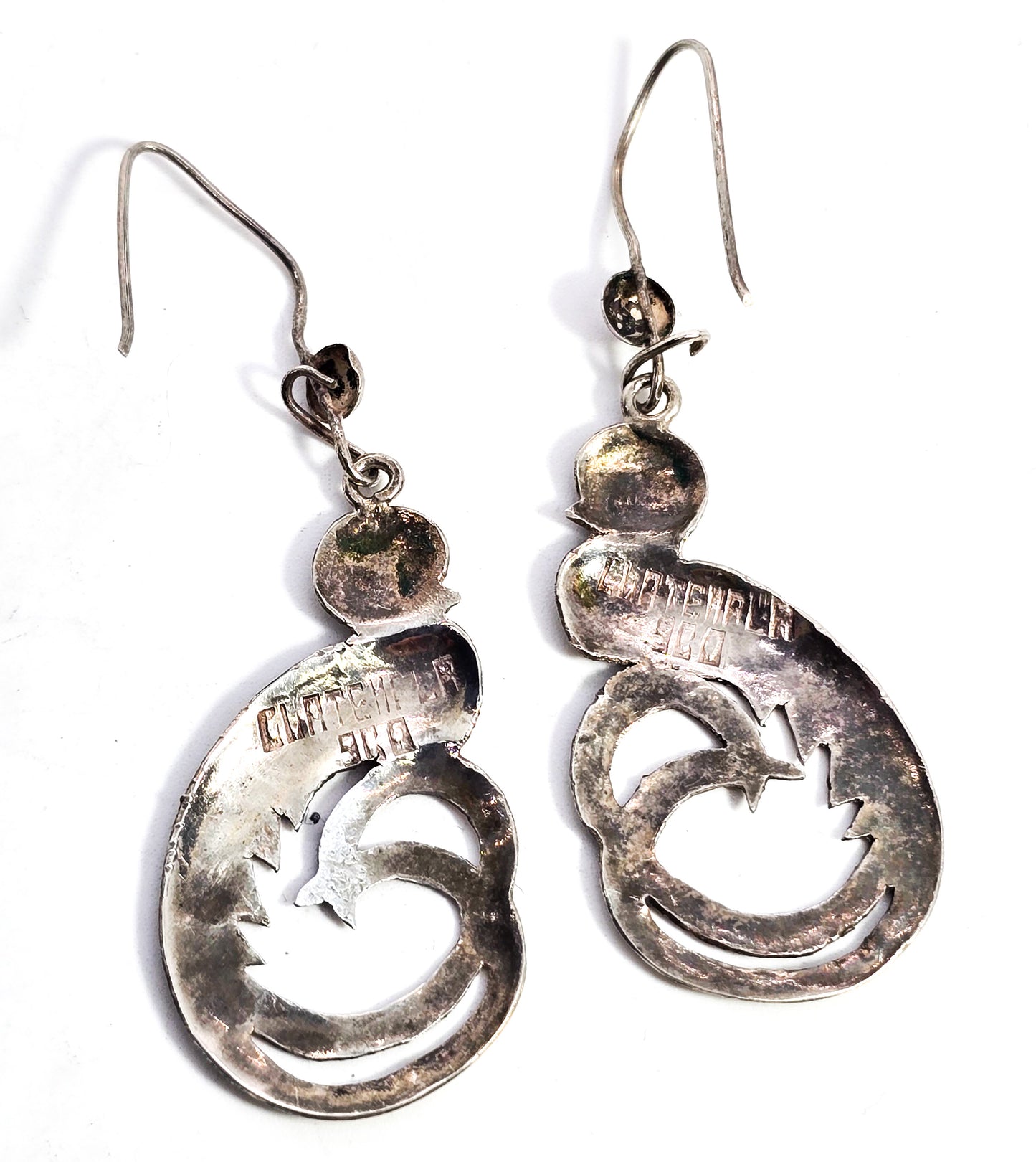 Quetzal Guatemala Bird etched vintage sterling silver 900 earrings