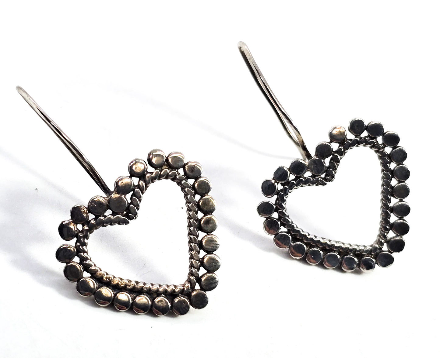 Pebble heart Southwestern twisted rope Open work large sterling silver RW earrings