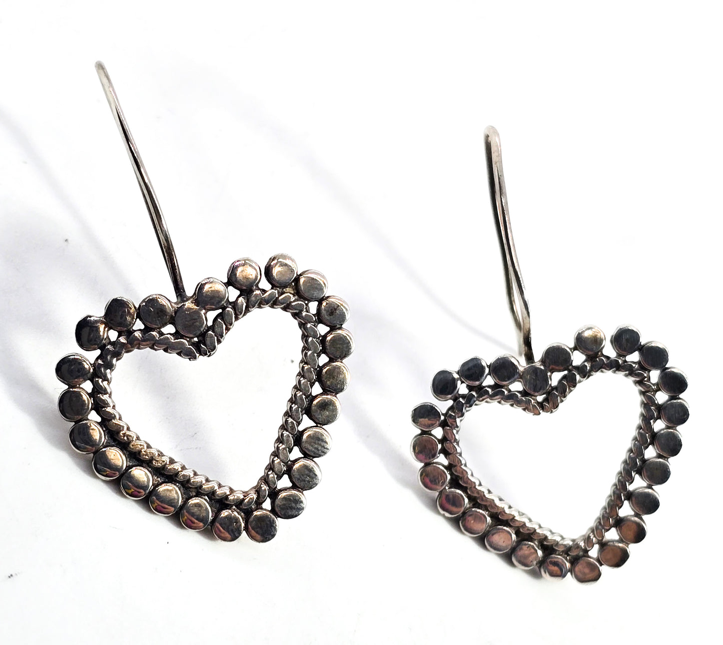 Pebble heart Southwestern twisted rope Open work large sterling silver RW earrings