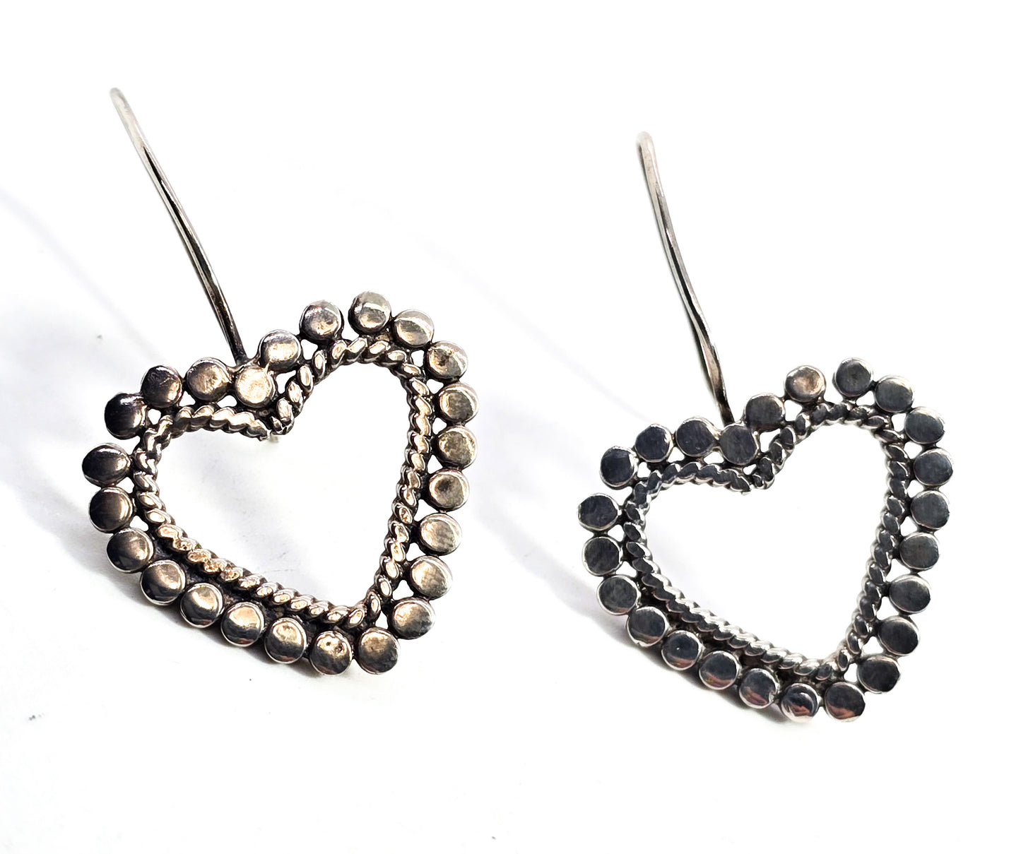 Pebble heart Southwestern twisted rope Open work large sterling silver RW earrings