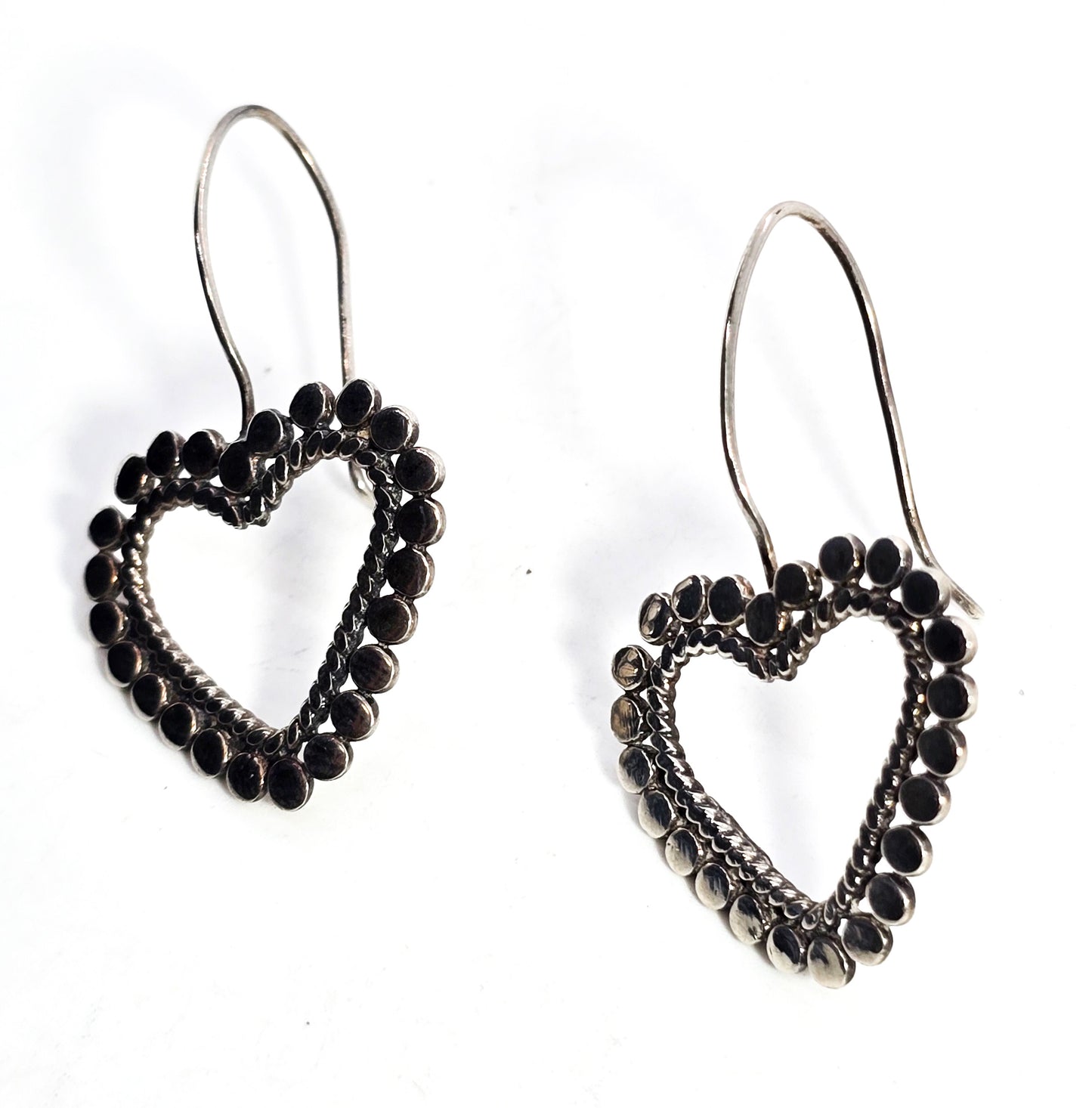 Pebble heart Southwestern twisted rope Open work large sterling silver RW earrings