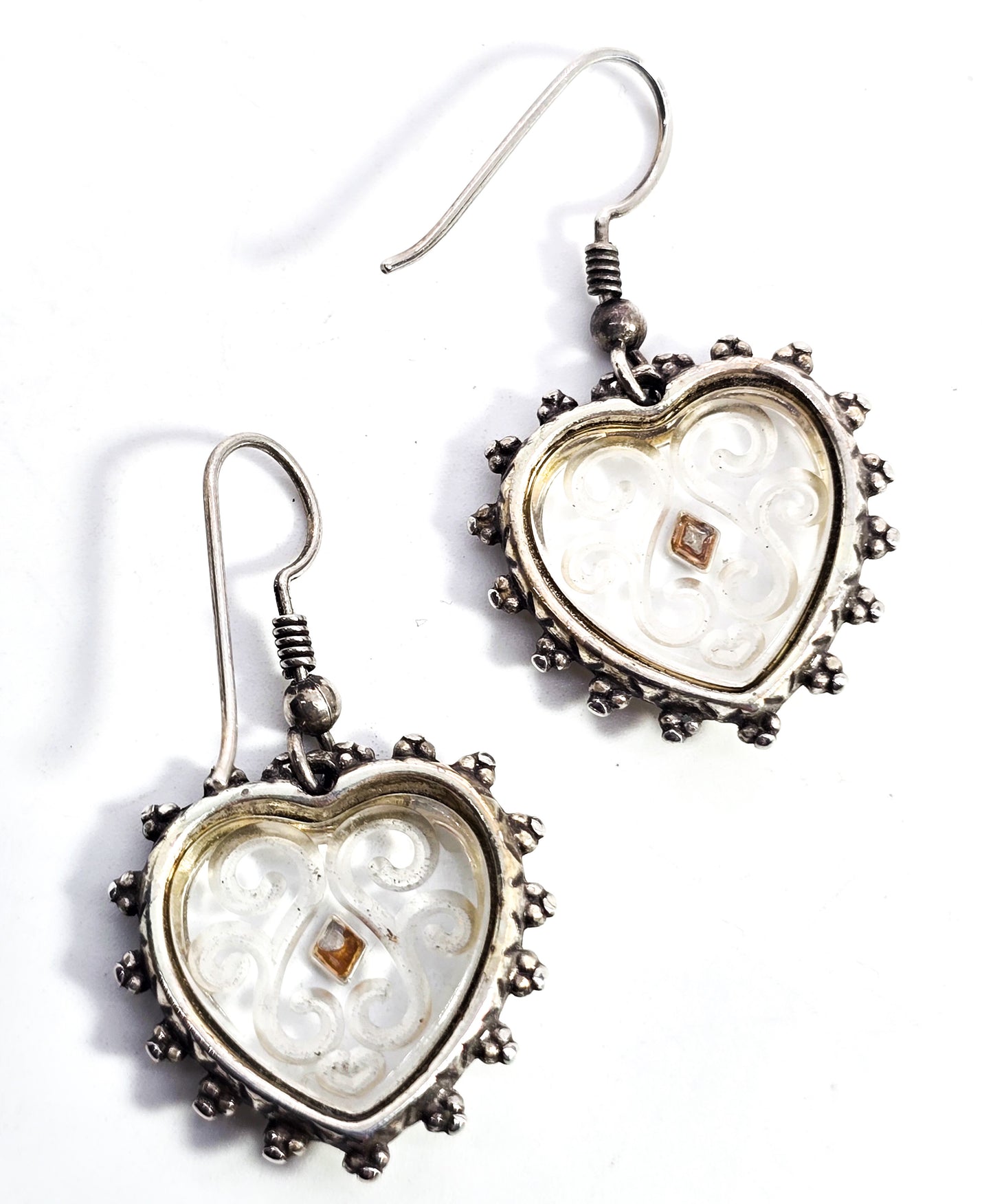 Etched glass Scroll heart large sterling silver vintage drop earrings