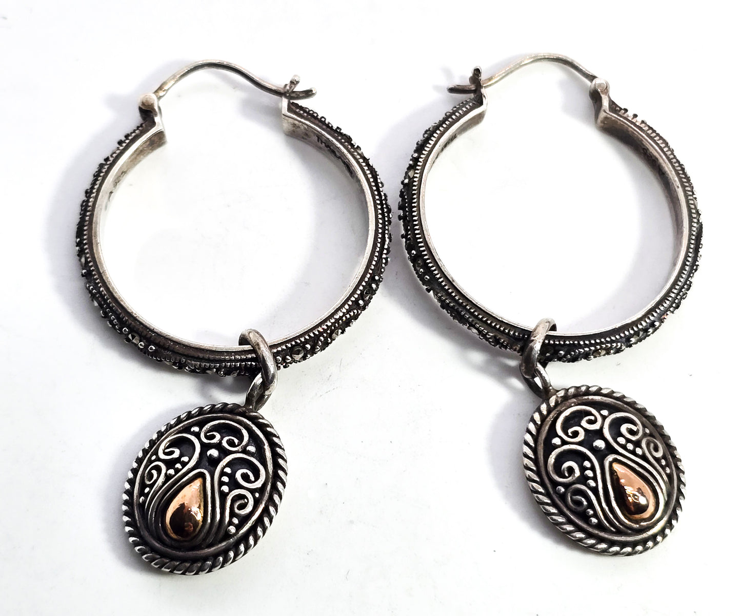 BA Suarti marcasite scroll hoop charm Bali Balinese 18k gold sterling silver earrings