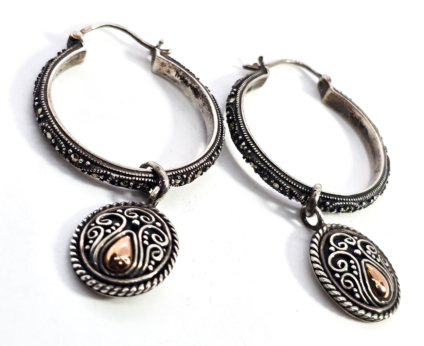 BA Suarti marcasite scroll hoop charm Bali Balinese 18k gold sterling silver earrings