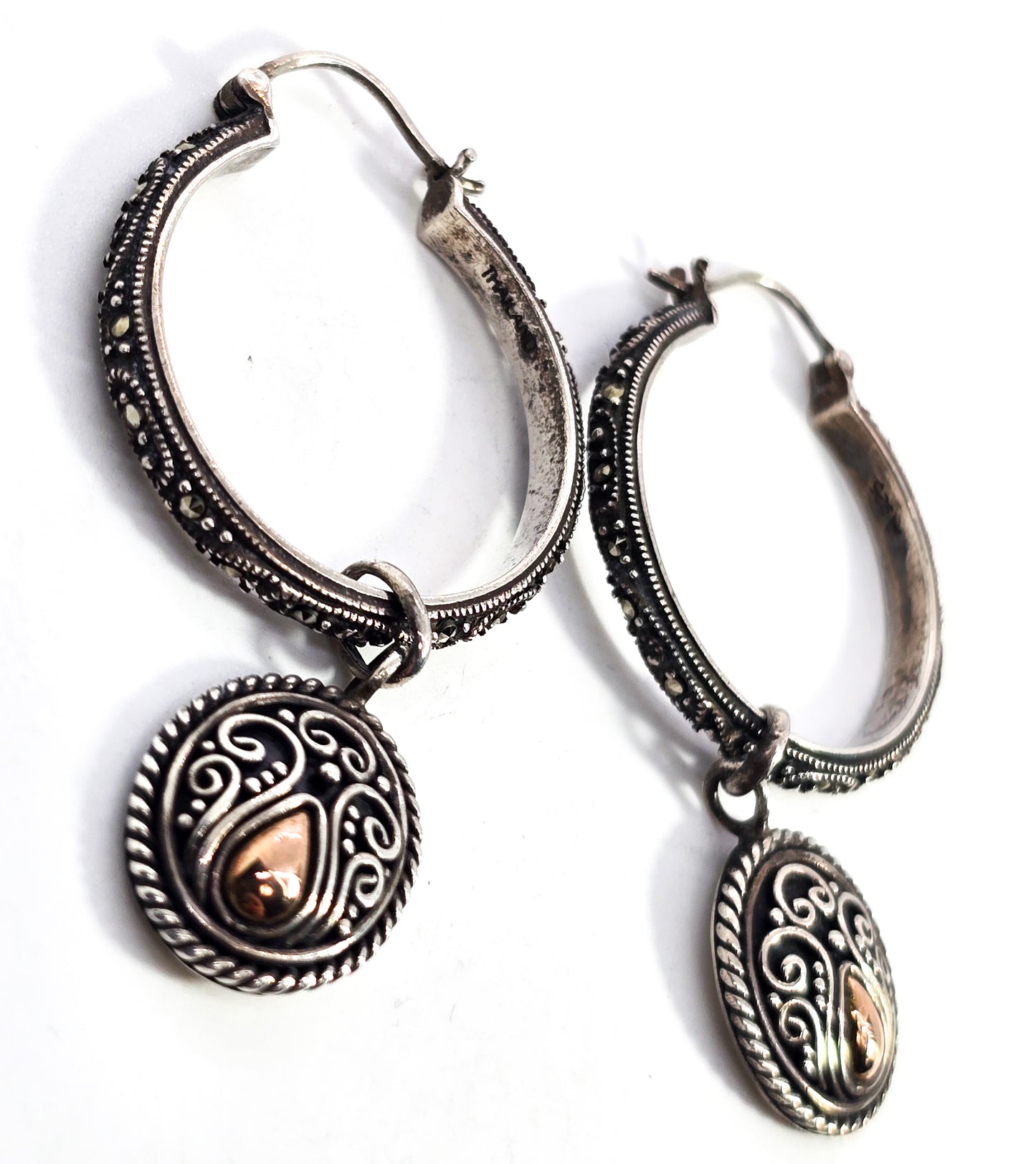 BA Suarti marcasite scroll hoop charm Bali Balinese 18k gold sterling silver earrings
