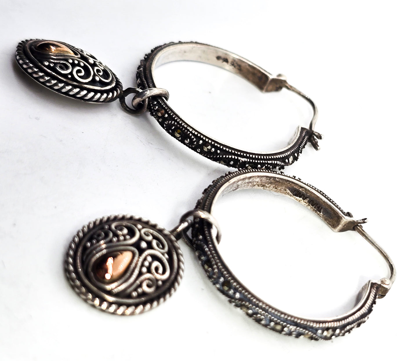 BA Suarti marcasite scroll hoop charm Bali Balinese 18k gold sterling silver earrings