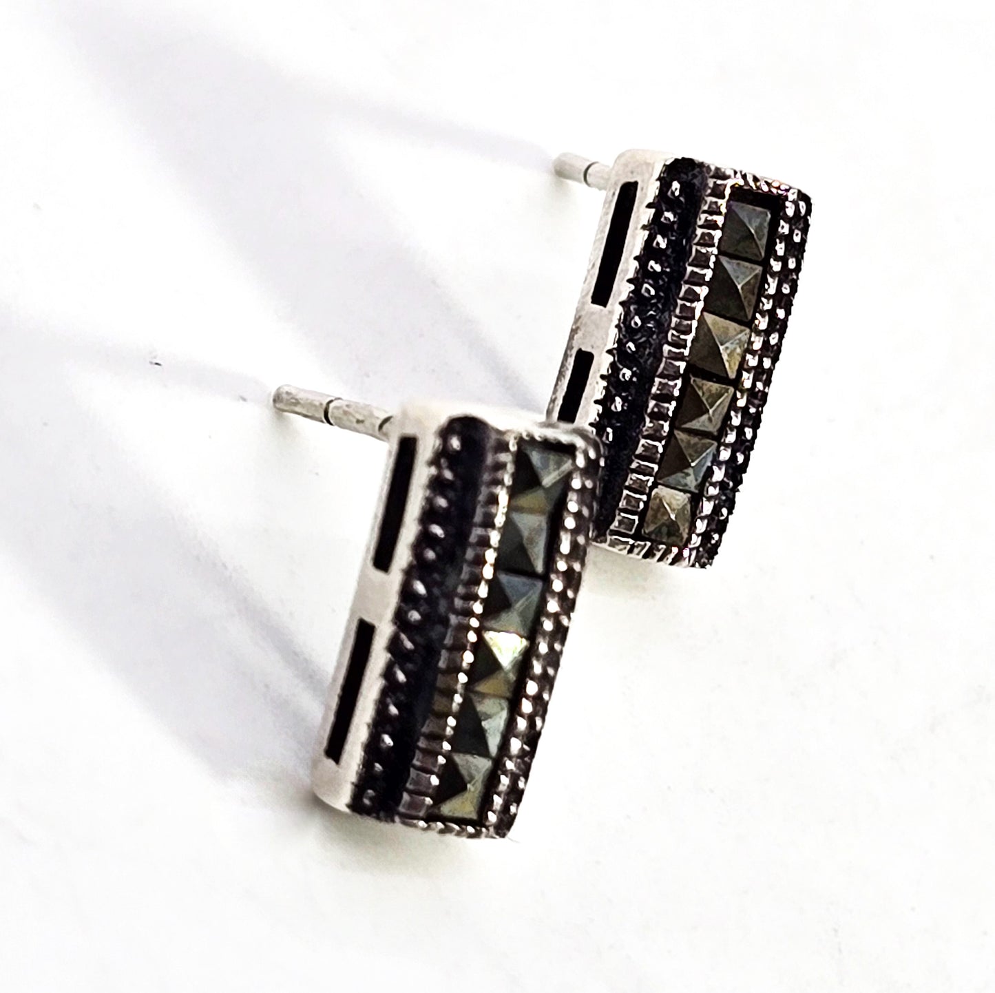 Marcasite pyramid gemstone Art Deco Style sterling silver vintage stud earrings