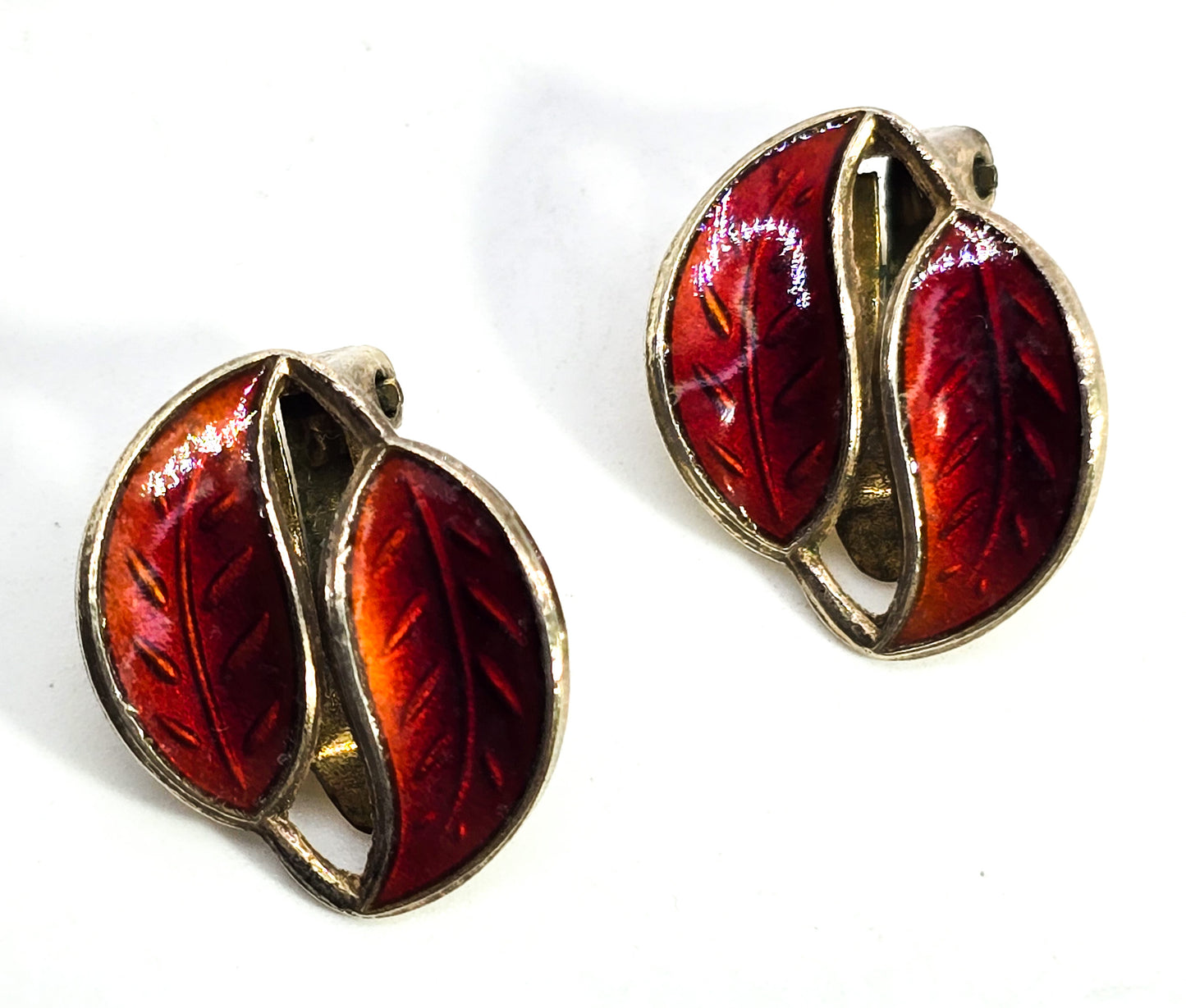 David Anderson Norway Red enamel leaf gilt sterling silver vintage clip on earrings