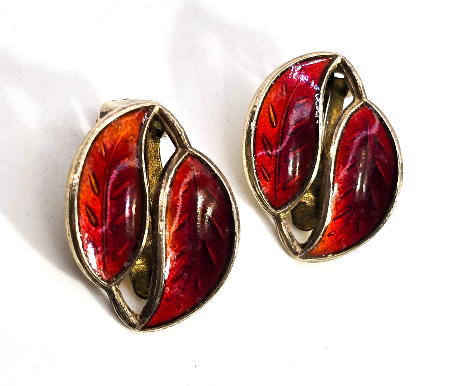 David Anderson Norway Red enamel leaf gilt sterling silver vintage clip on earrings
