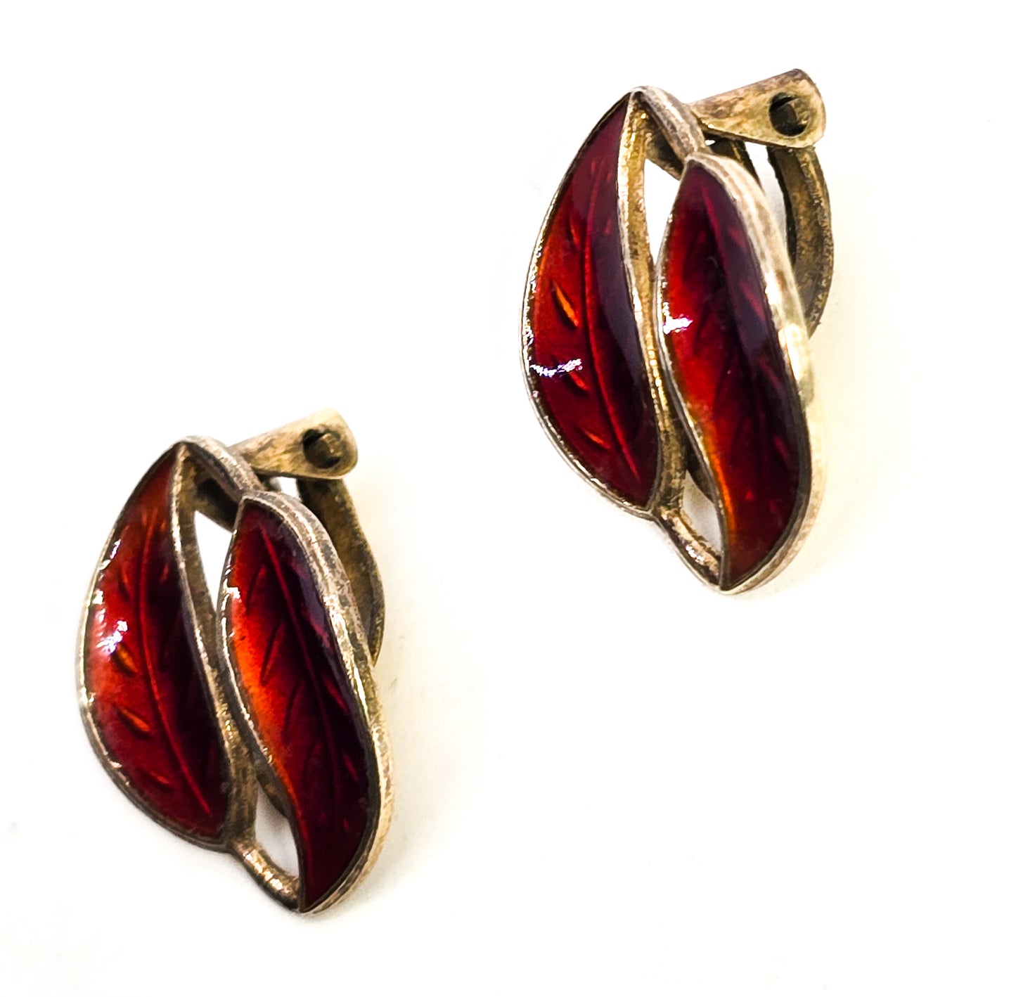 David Anderson Norway Red enamel leaf gilt sterling silver vintage clip on earrings