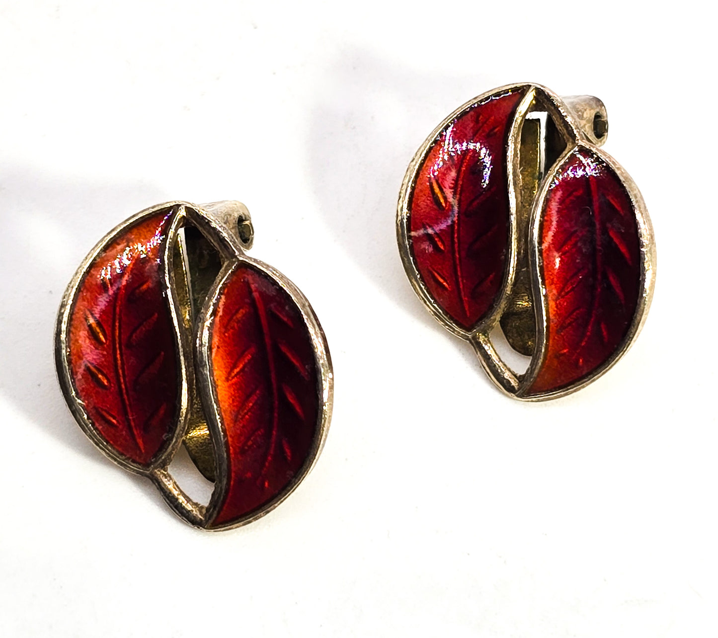 David Anderson Norway Red enamel leaf gilt sterling silver vintage clip on earrings