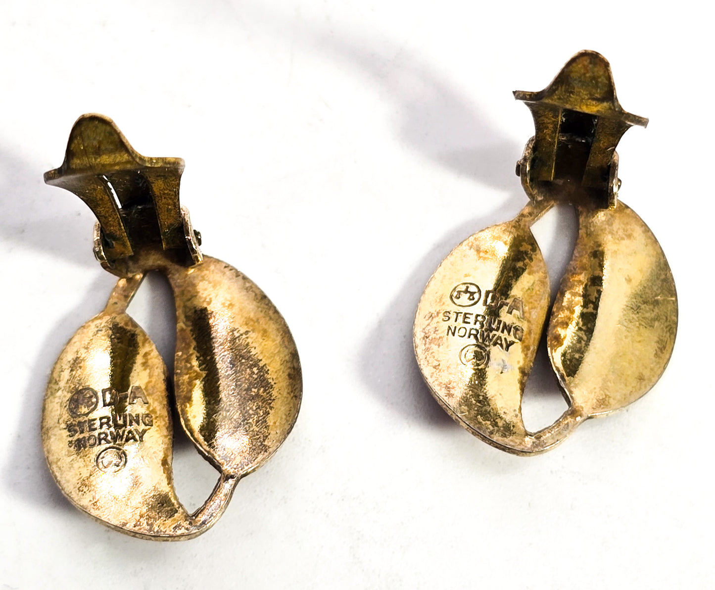 David Anderson Norway Red enamel leaf gilt sterling silver vintage clip on earrings
