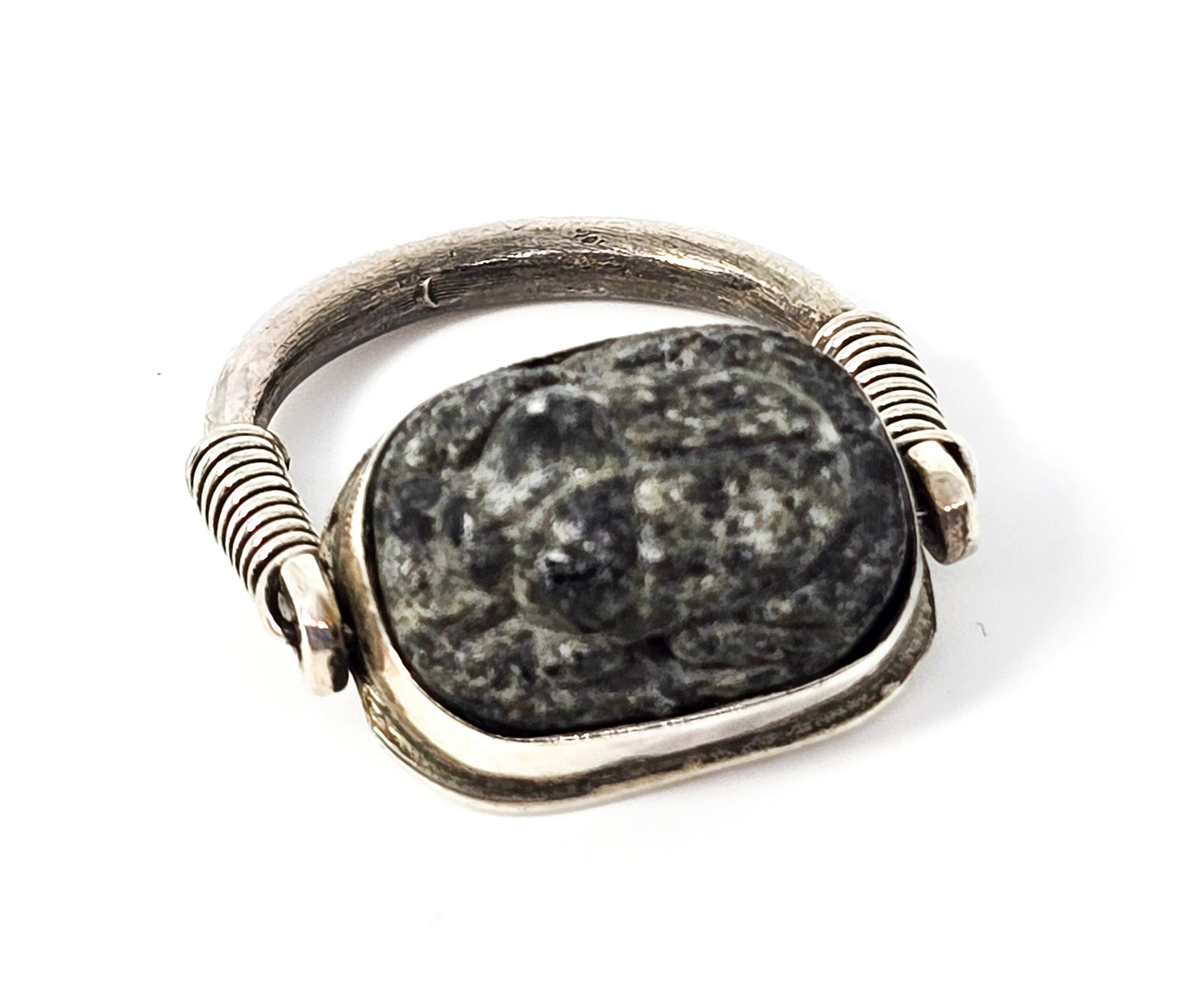 Scarab beetle carved gemstone antique spinner sterling silver ring size 6