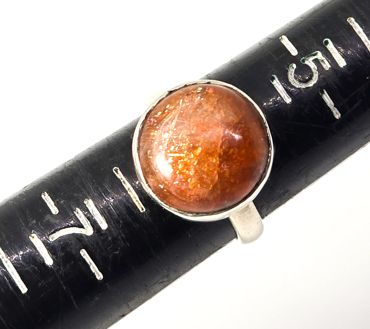 Sunstone large orange gemstone modernist round sterling silver ring size 6