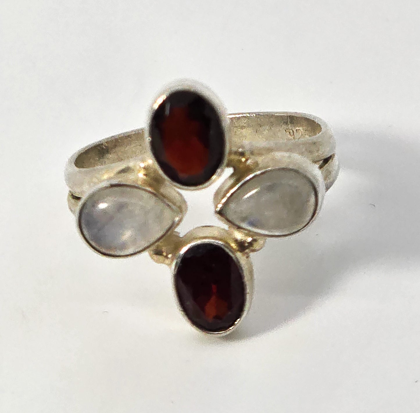 Flashy RainbowBlue Moonstone and garnet gemstone sterling silver ring size 8