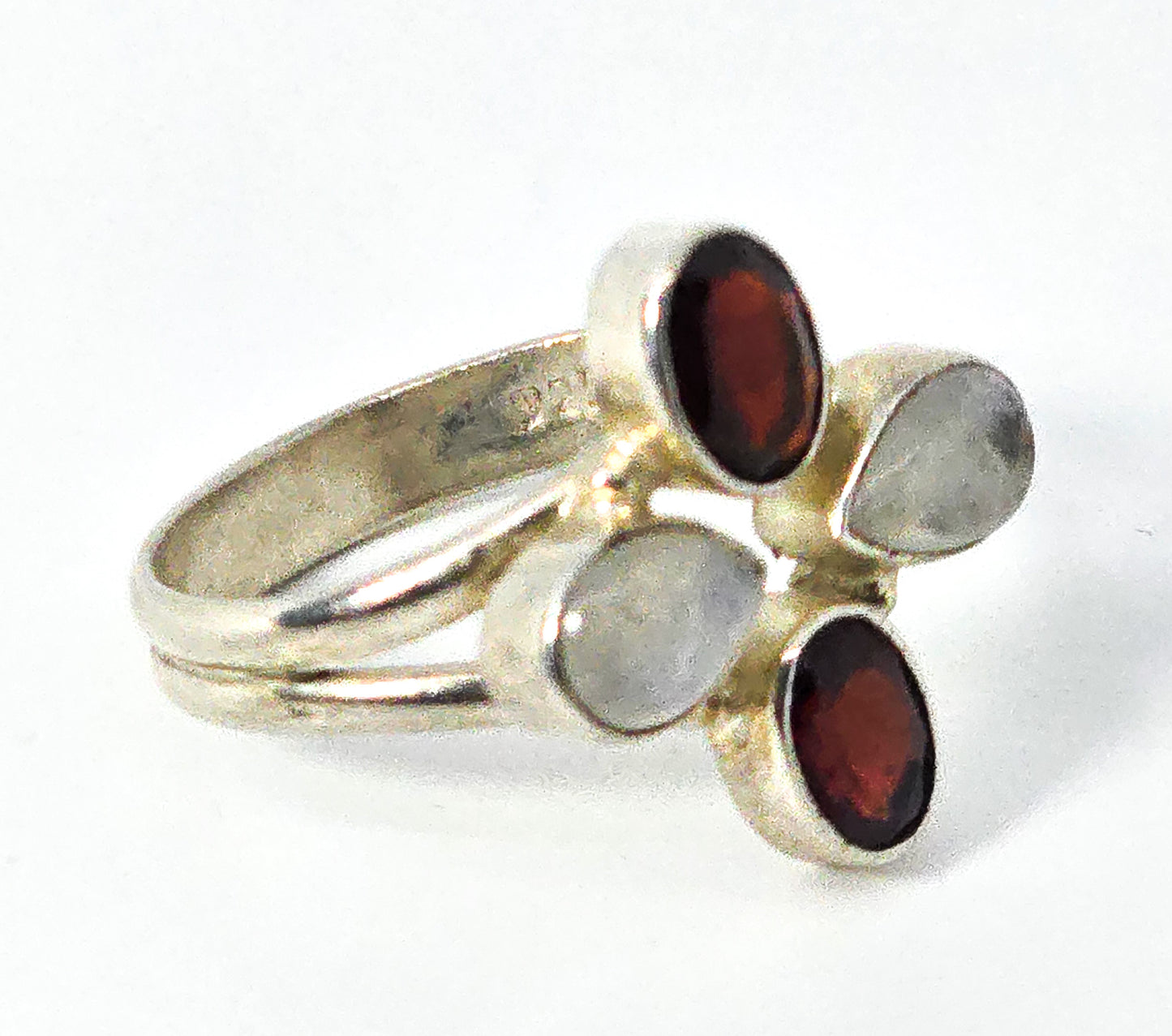 Flashy RainbowBlue Moonstone and garnet gemstone sterling silver ring size 8