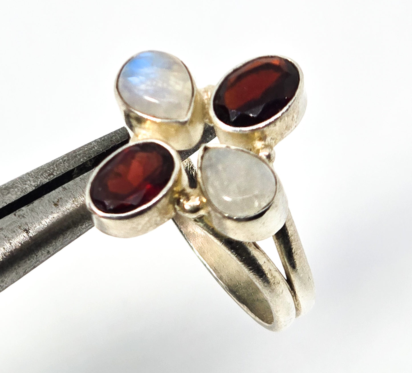 Flashy RainbowBlue Moonstone and garnet gemstone sterling silver ring size 8