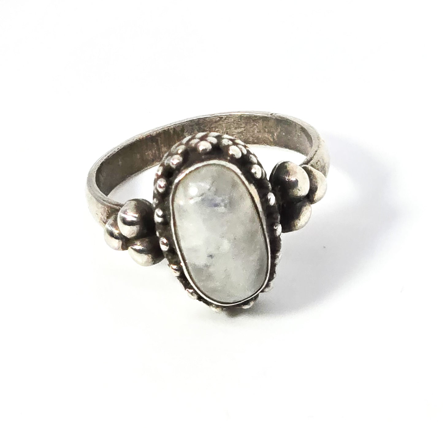 Flashy Blue Moonstone tribal Bali Balinese gemstone sterling silver ring size 6.5