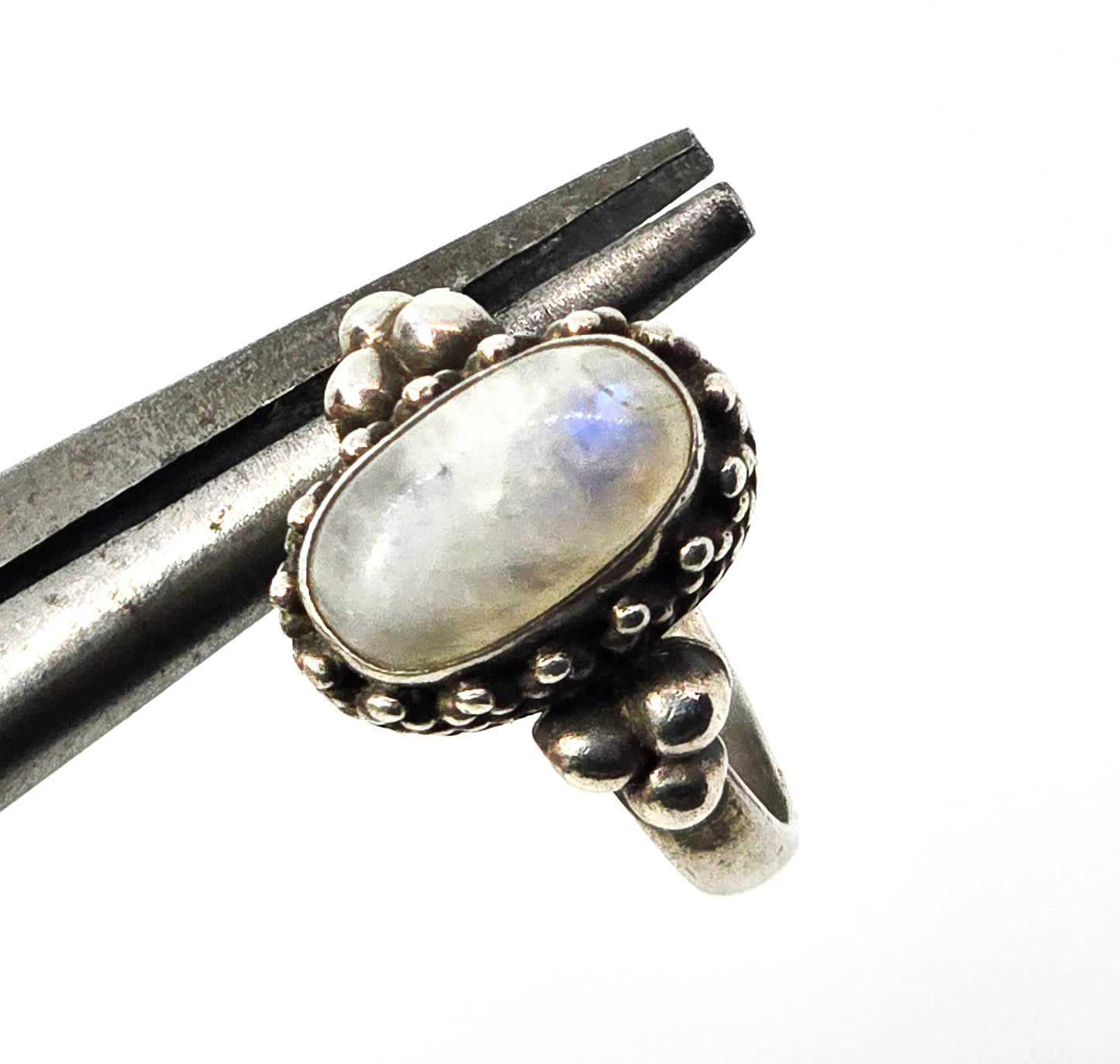 Flashy Blue Moonstone tribal Bali Balinese gemstone sterling silver ring size 6.5
