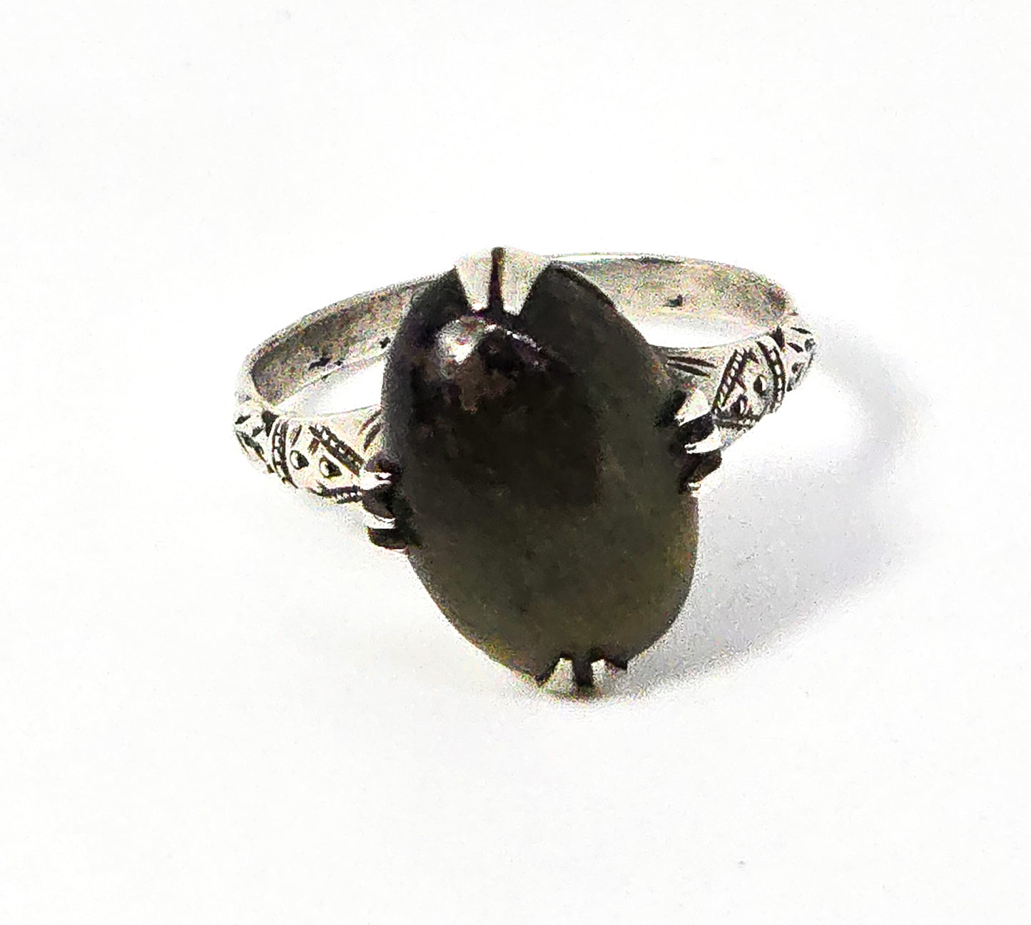 Art Deco Cat's eye tourmaline gemstone prong set antique sterling silver ring size 7.5