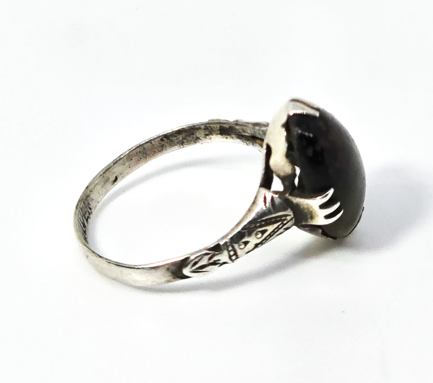 Art Deco Cat's eye tourmaline gemstone prong set antique sterling silver ring size 7.5