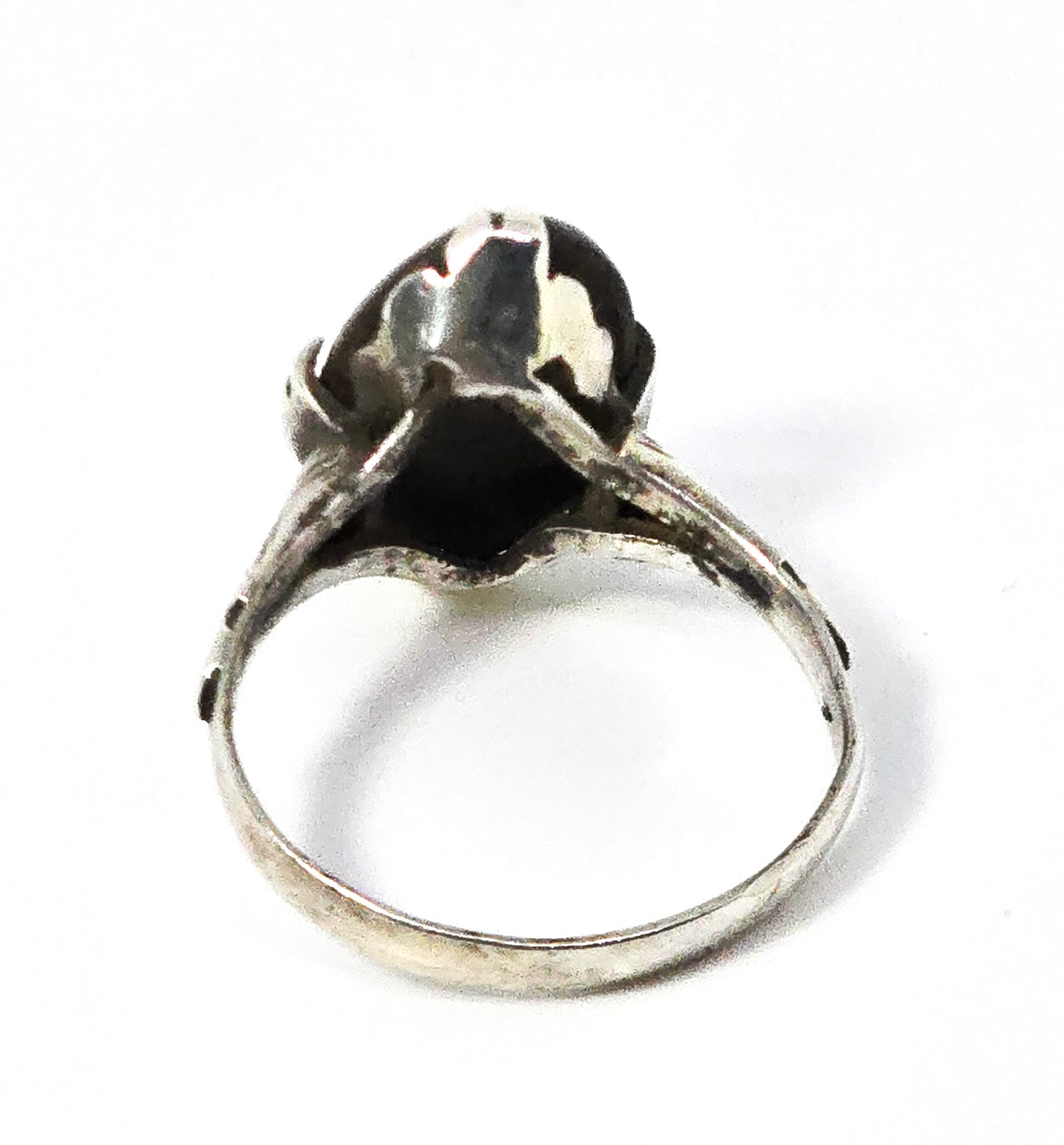 Art Deco Cat's eye tourmaline gemstone prong set antique sterling silver ring size 7.5