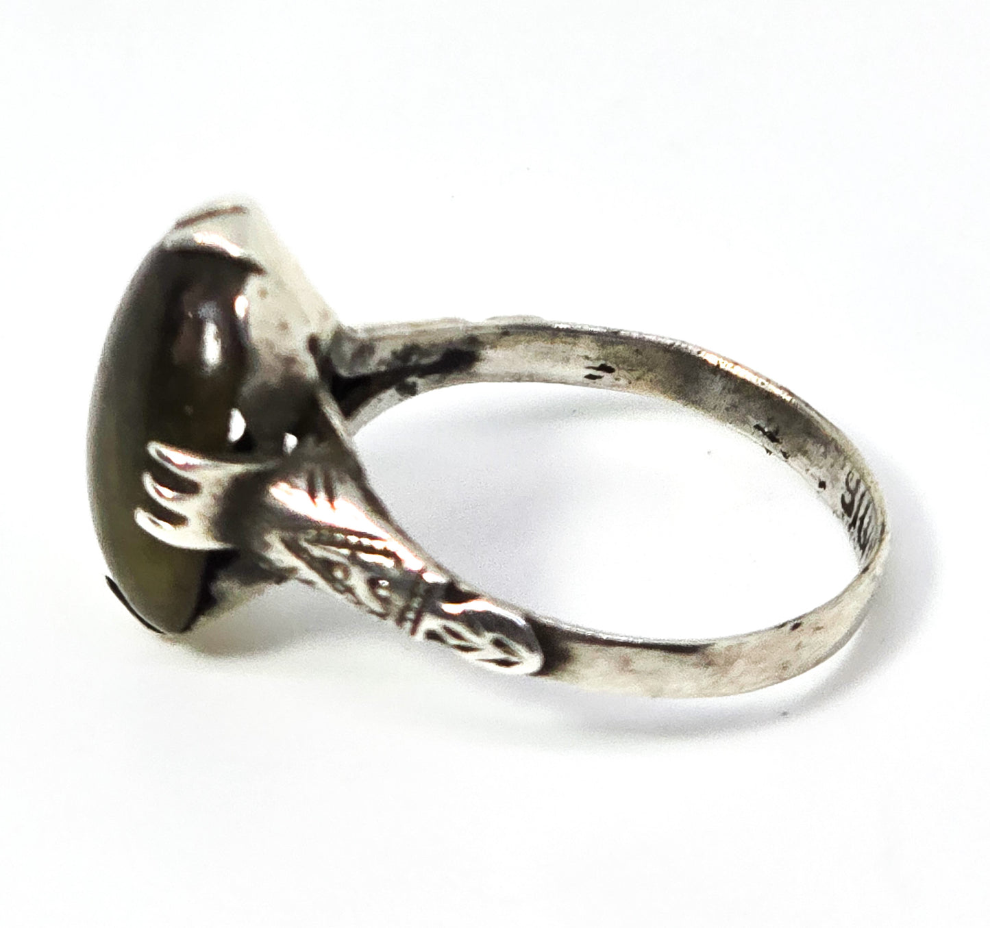 Art Deco Cat's eye tourmaline gemstone prong set antique sterling silver ring size 7.5