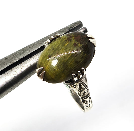 Art Deco Cat's eye tourmaline gemstone prong set antique sterling silver ring size 7