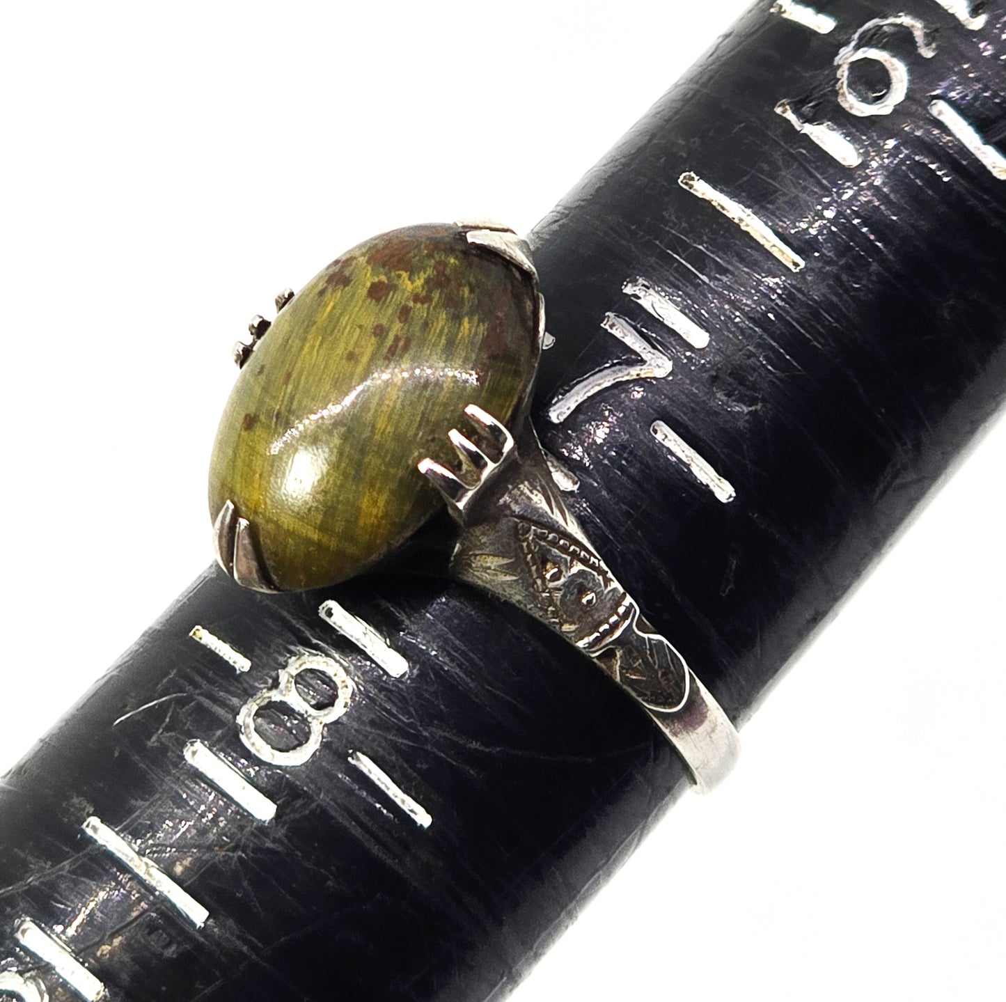 Art Deco Cat's eye tourmaline gemstone prong set antique sterling silver ring size 7.5