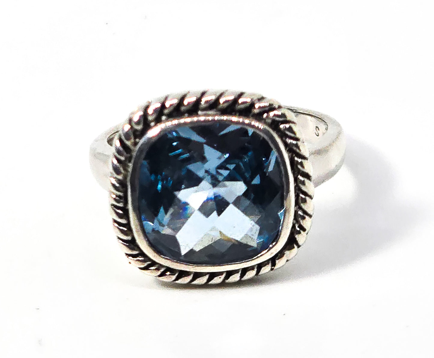 Checkerboard large Blue Topaz twisted rope thick sterling silver ring size 8