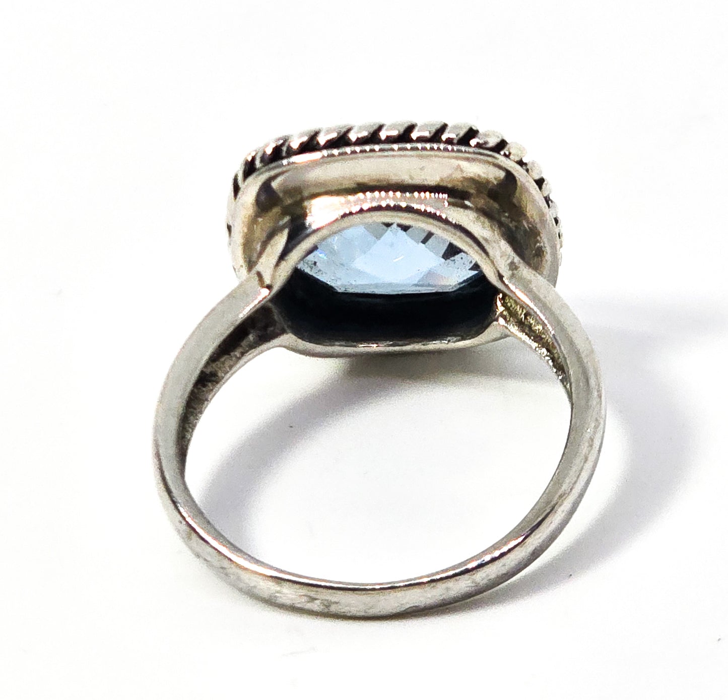 Checkerboard large Blue Topaz twisted rope thick sterling silver ring size 8