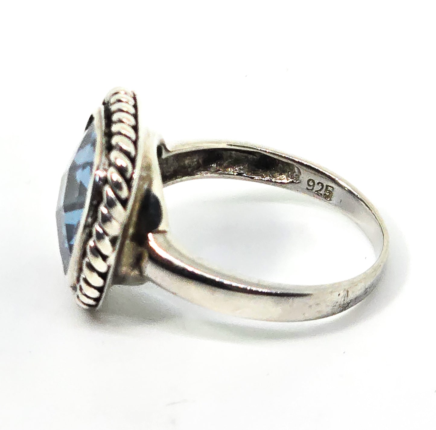 Checkerboard large Blue Topaz twisted rope thick sterling silver ring size 8
