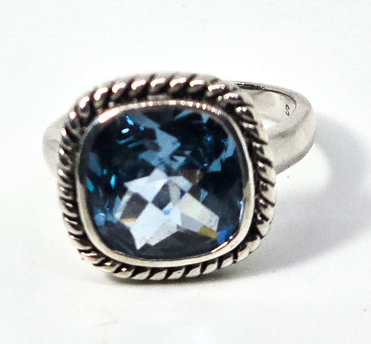 Checkerboard large Blue Topaz twisted rope thick sterling silver ring size 8