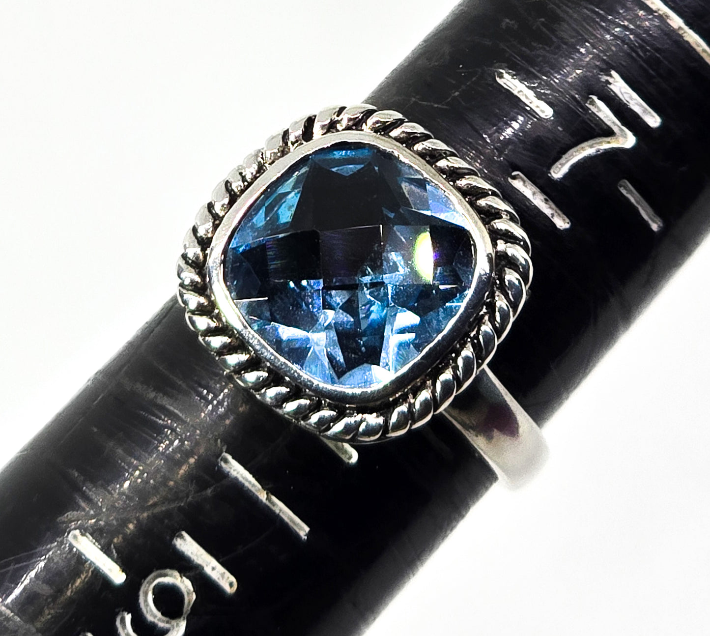 Checkerboard large Blue Topaz twisted rope thick sterling silver ring size 8