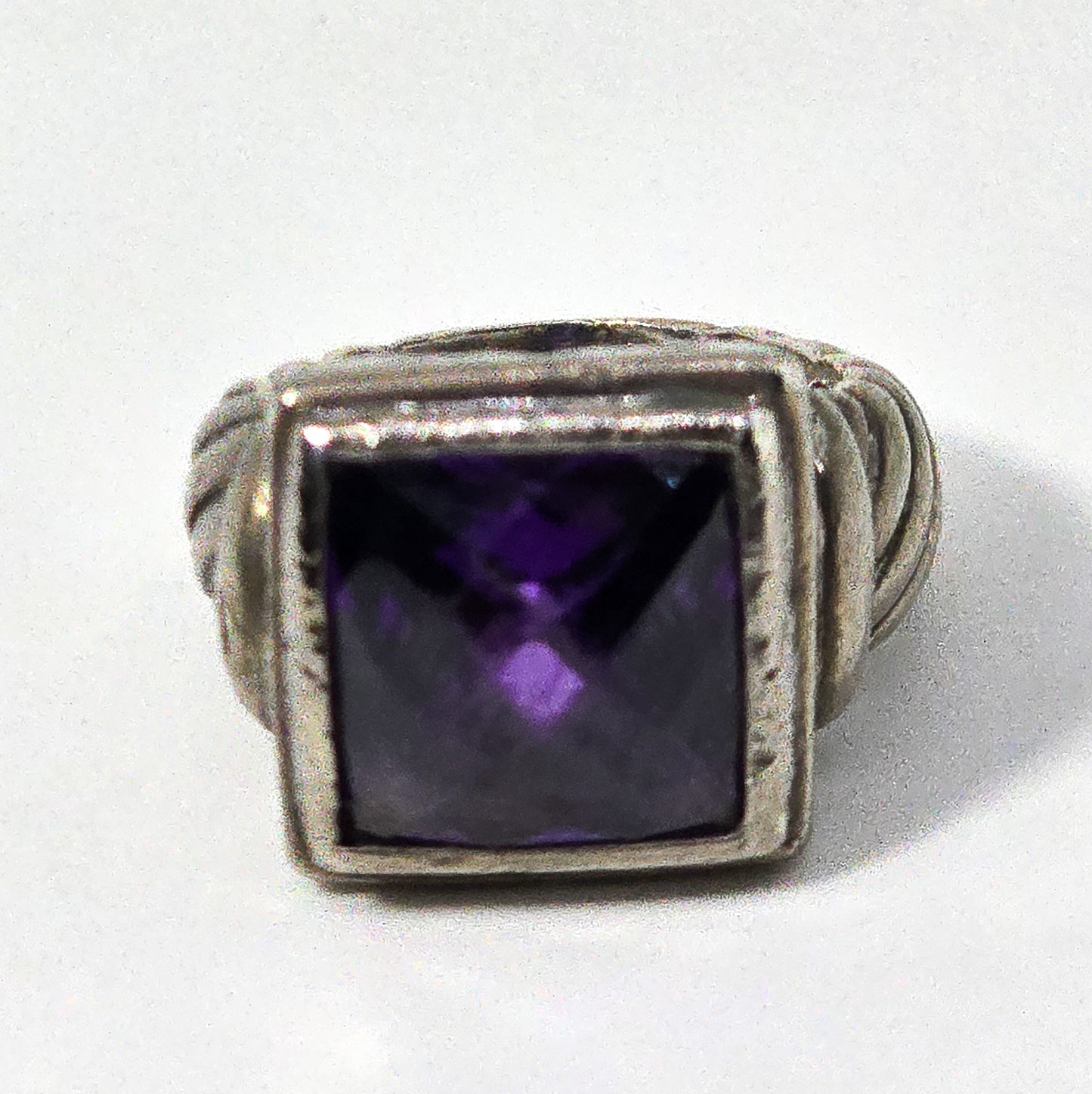 Checkerboard large faceted purple cubic zirconia thick sterling silver ring size 6.5