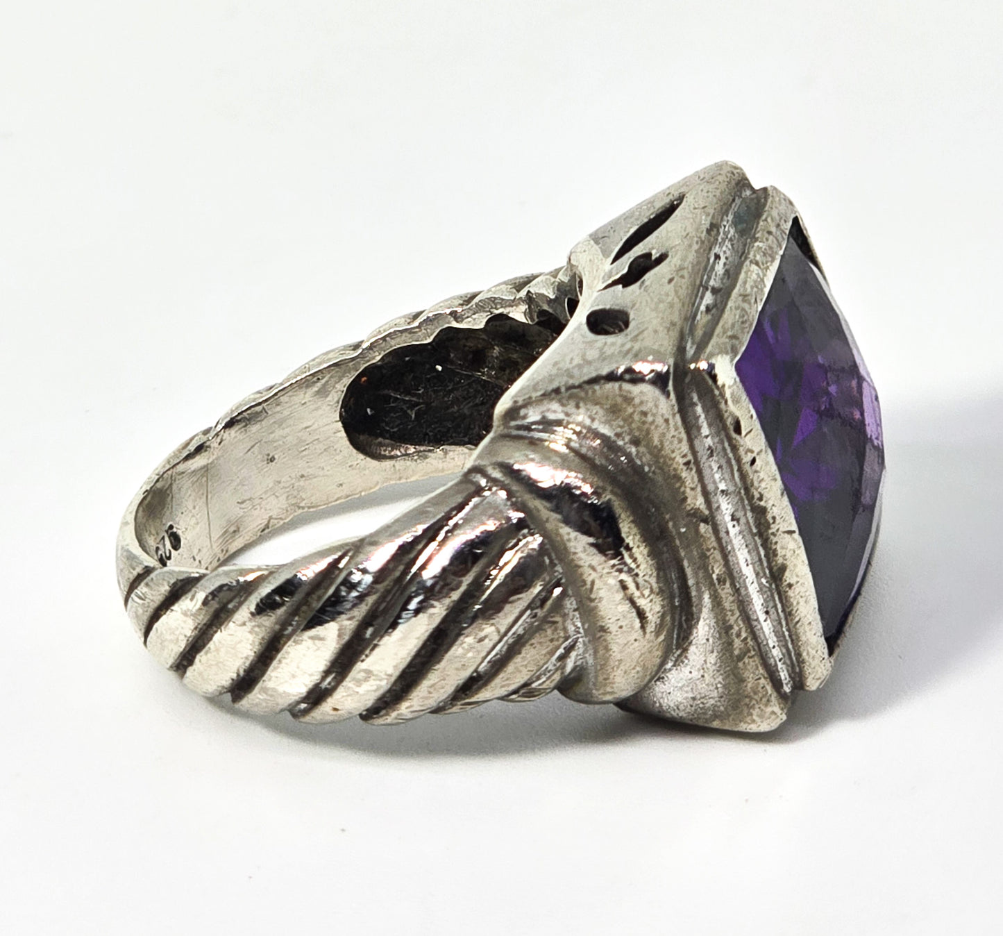 Checkerboard large faceted purple cubic zirconia thick sterling silver ring size 6.5