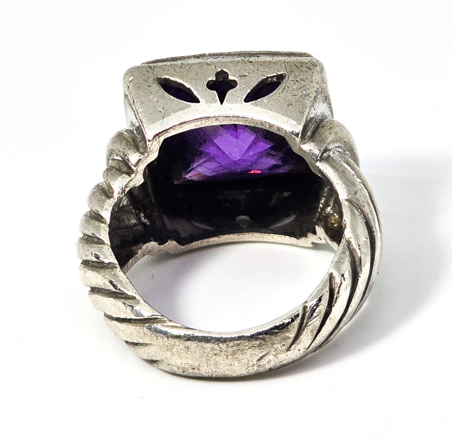 Checkerboard large faceted purple cubic zirconia thick sterling silver ring size 6.5