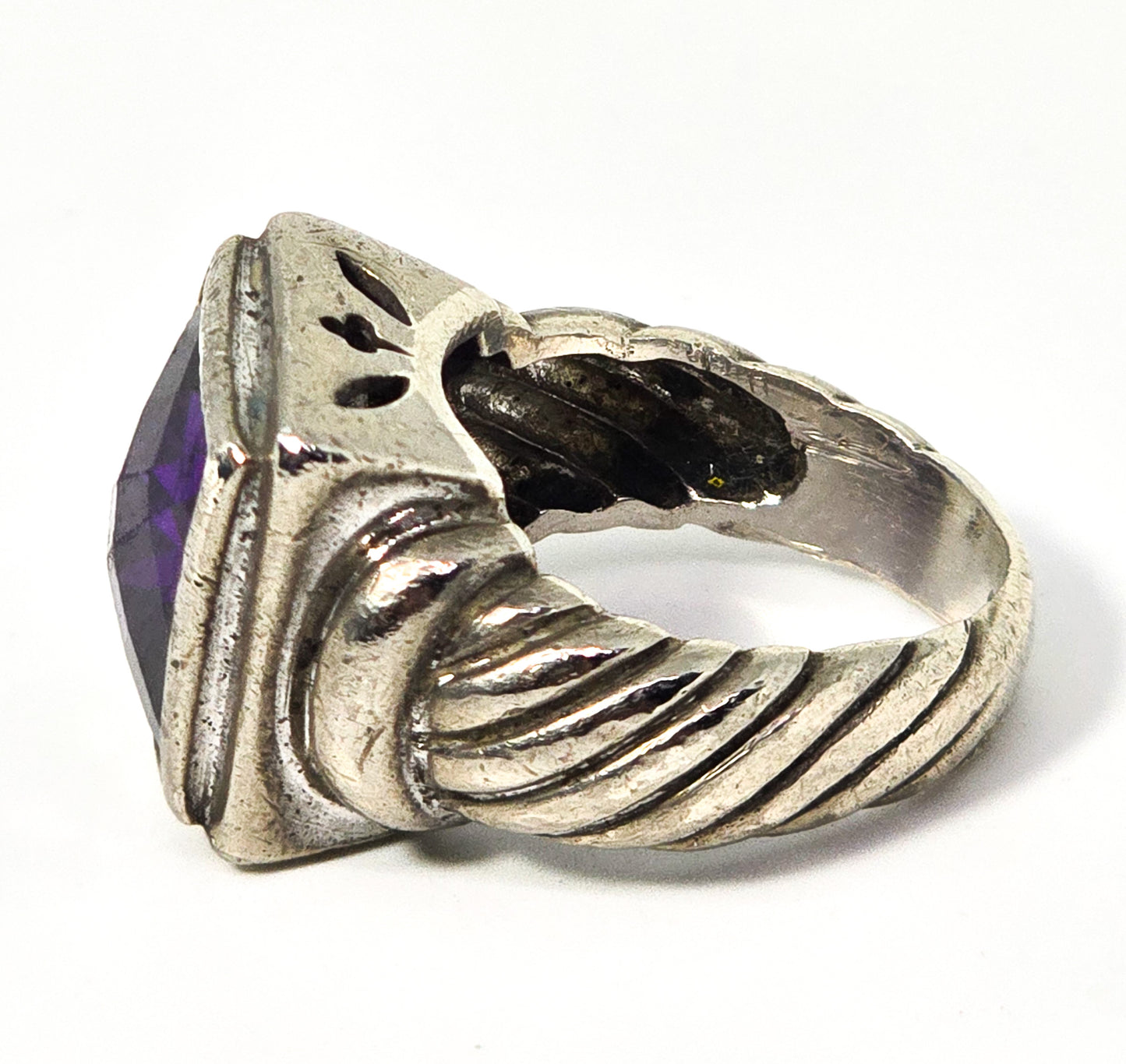 Checkerboard large faceted purple cubic zirconia thick sterling silver ring size 6.5