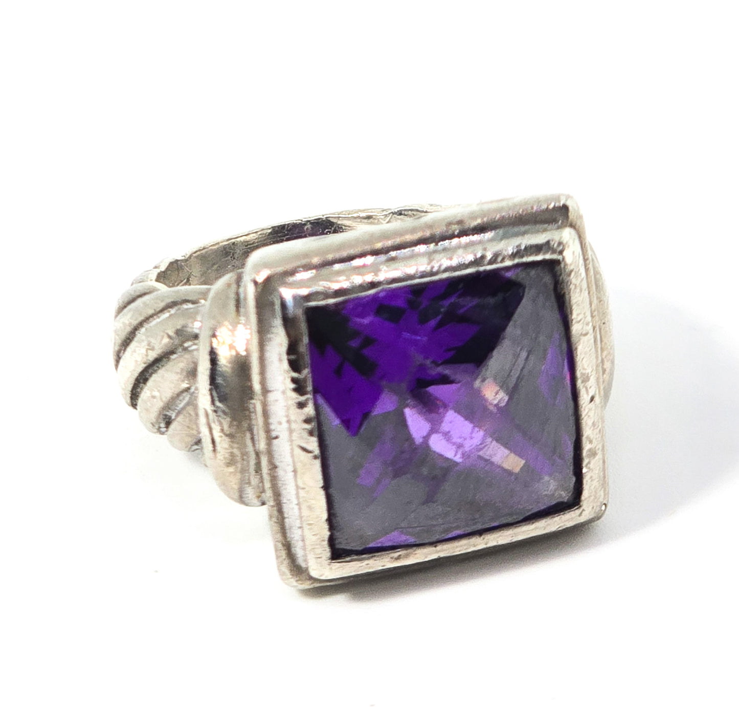 Checkerboard large faceted purple cubic zirconia thick sterling silver ring size 6.5