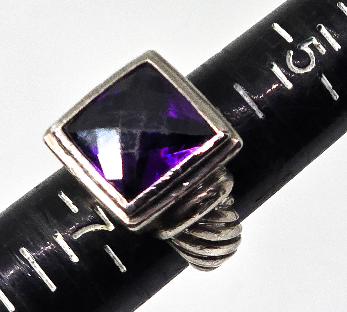 Checkerboard large faceted purple cubic zirconia thick sterling silver ring size 6.5