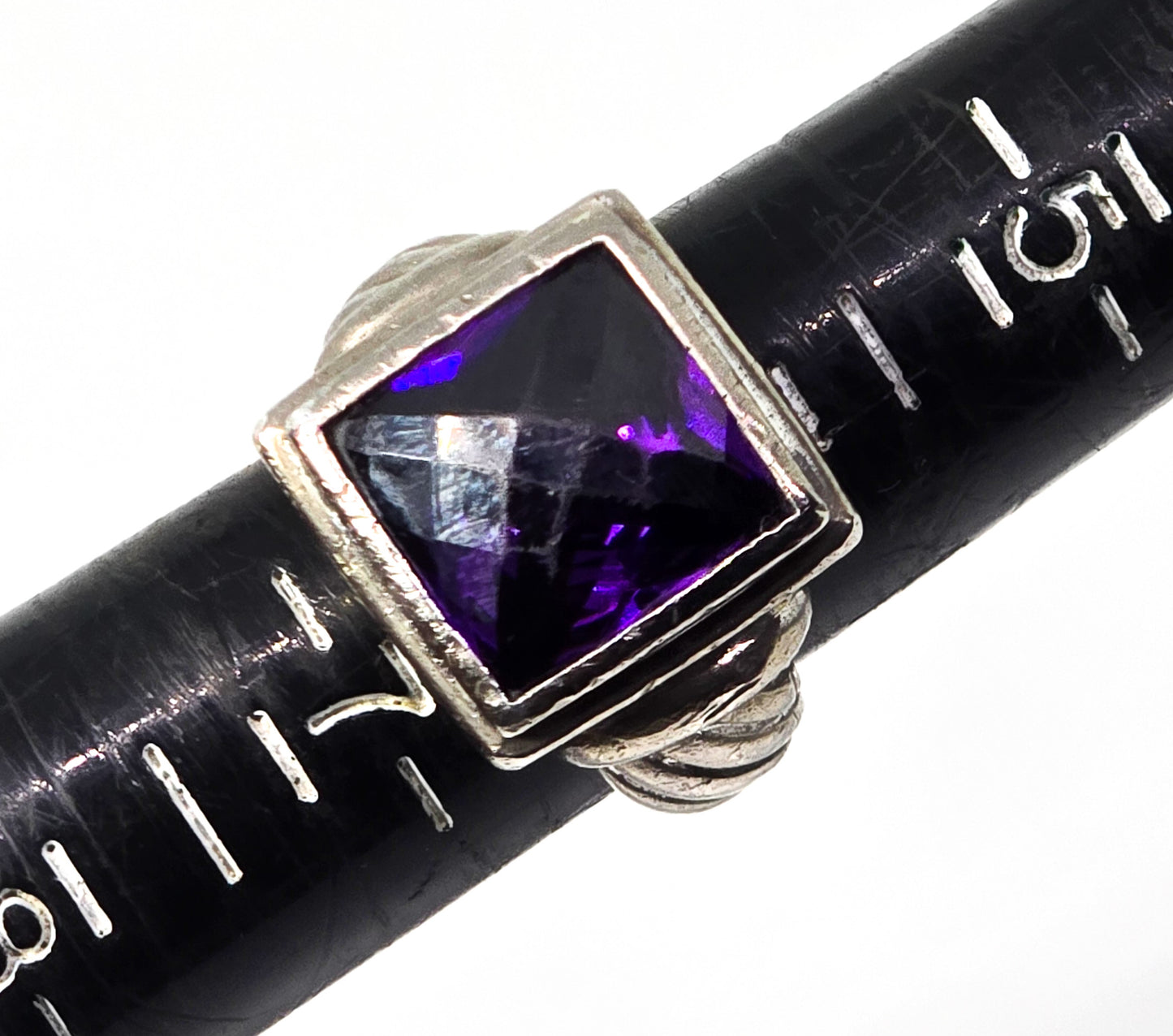 Checkerboard large faceted purple cubic zirconia thick sterling silver ring size 6.5