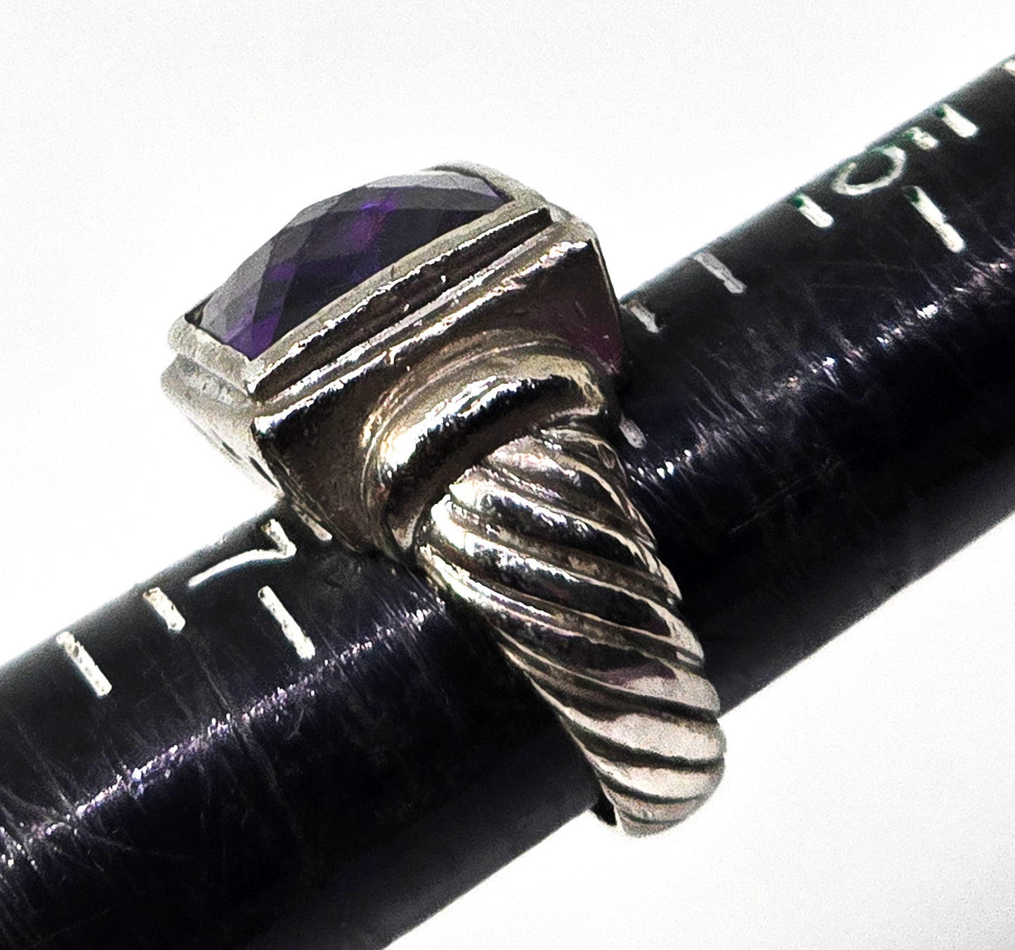 Checkerboard large faceted purple cubic zirconia thick sterling silver ring size 6.5