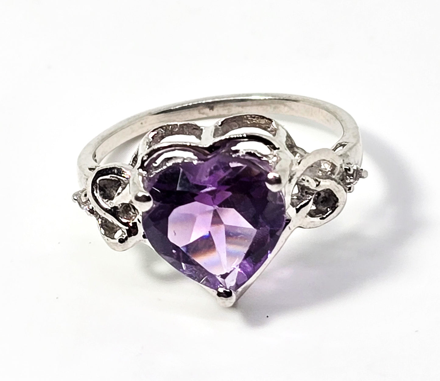 Heart Amethyst 3.5ct Large purple sterling silver vintage ring with spinel size 6.25
